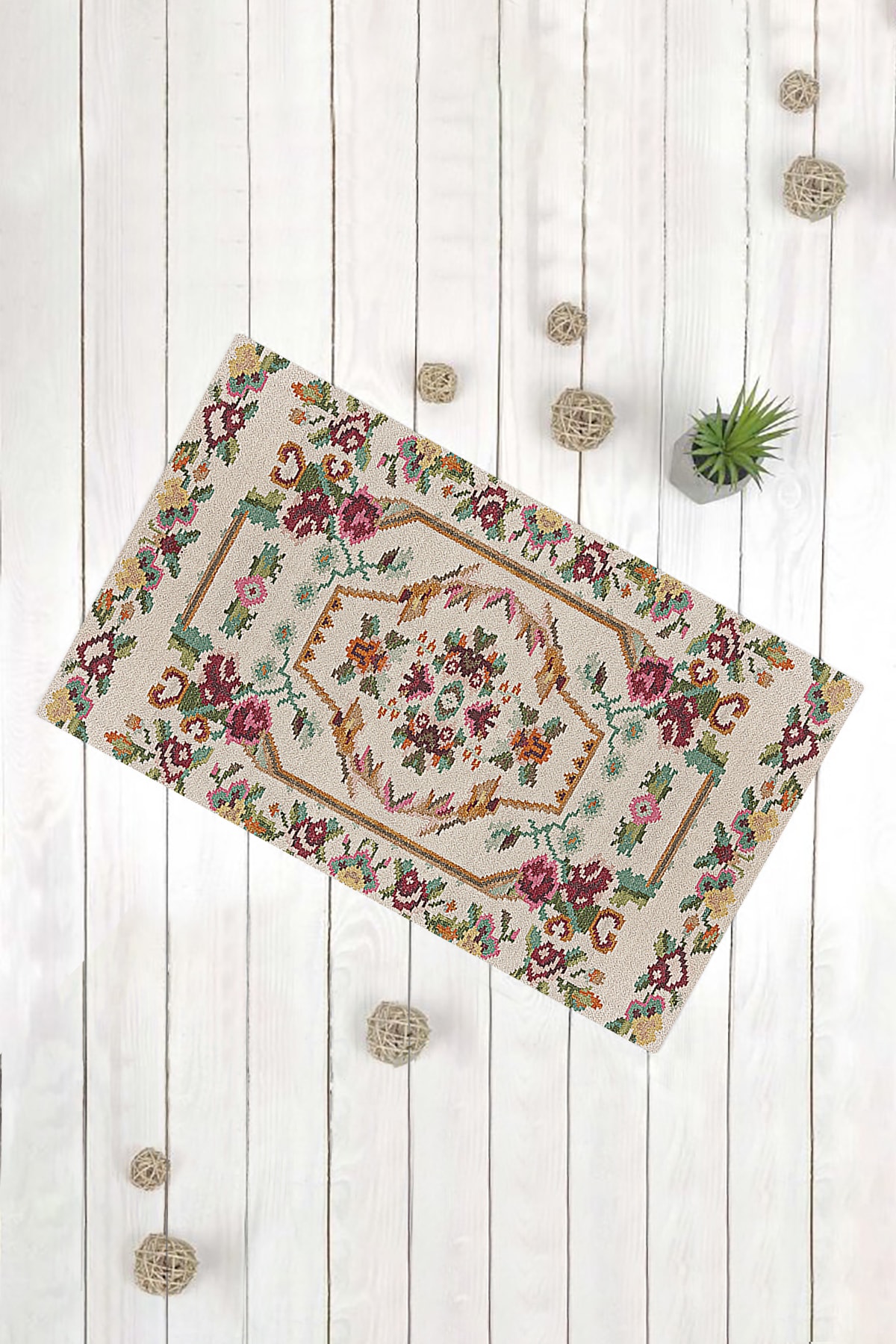 Evsebu Cream Colored Rug Motif NonSlip Based Decorative Carpet