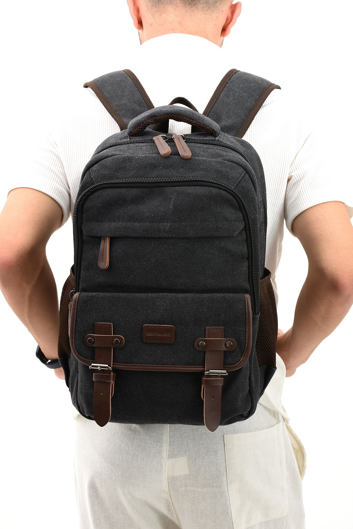 By Hakan Eba 1027 Black Canvas Backpack Camping and Travel School Bag with Laptop Bag Trendyol