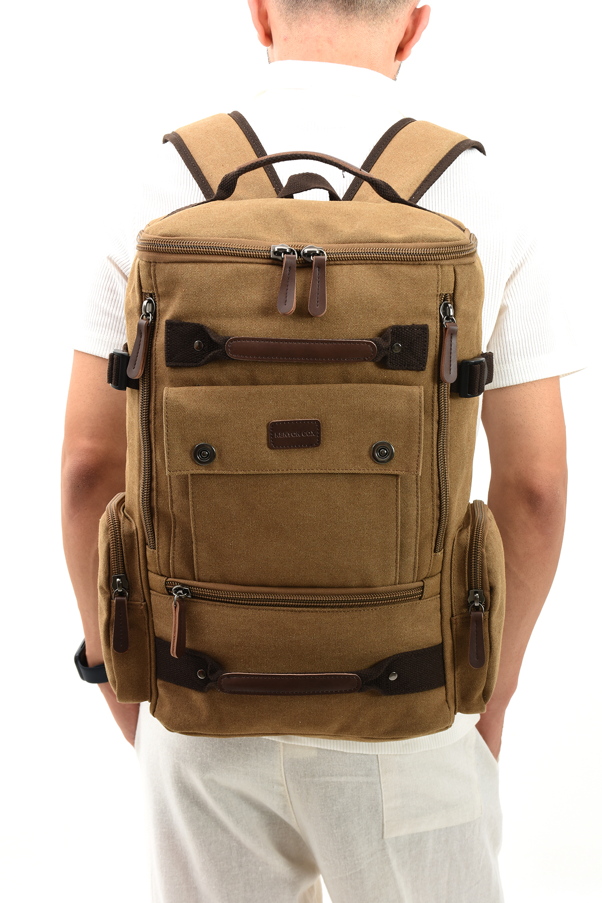  کوله پشتی برزنتی eba-8831 با محفظه لپ تاپ، کیف کوهنوردی مسافرتی کمپینگ، بژ