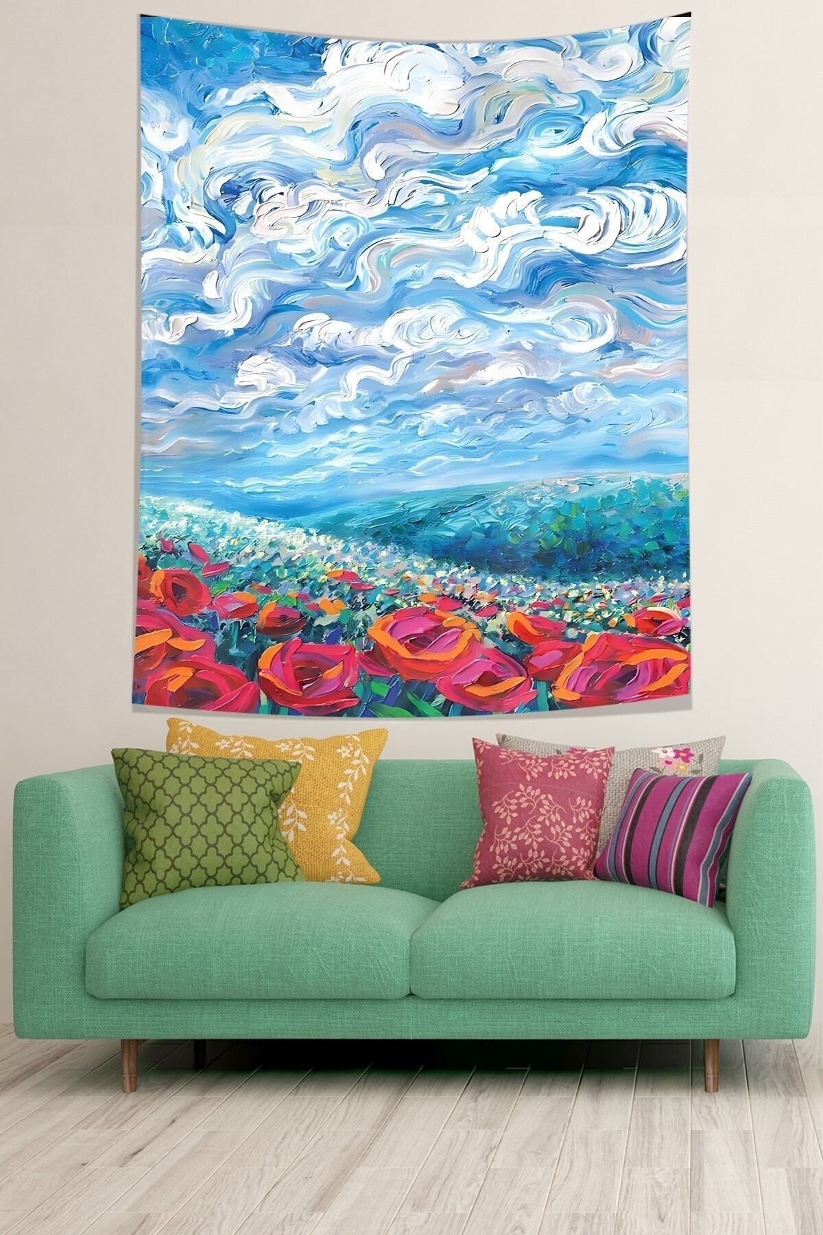 on the clouds-Poppy Field and Cloud Wave Pattern Stain Resistant Fabric Wall Cloth Wall Carpet Tapestry 2