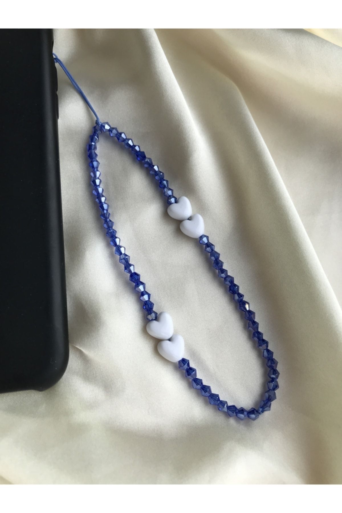 White Heart and Blue Crystal Bead Phone Charm