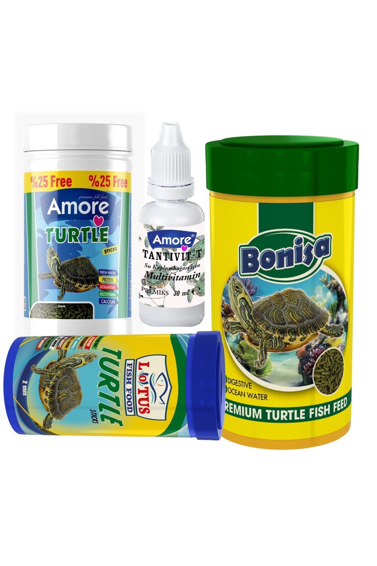 AMORE Turtle Green Sticks 125 + 250 + 100 ml Bonisa, Lotus Su Kaplumbağası Yemi ve Vitamin Seti