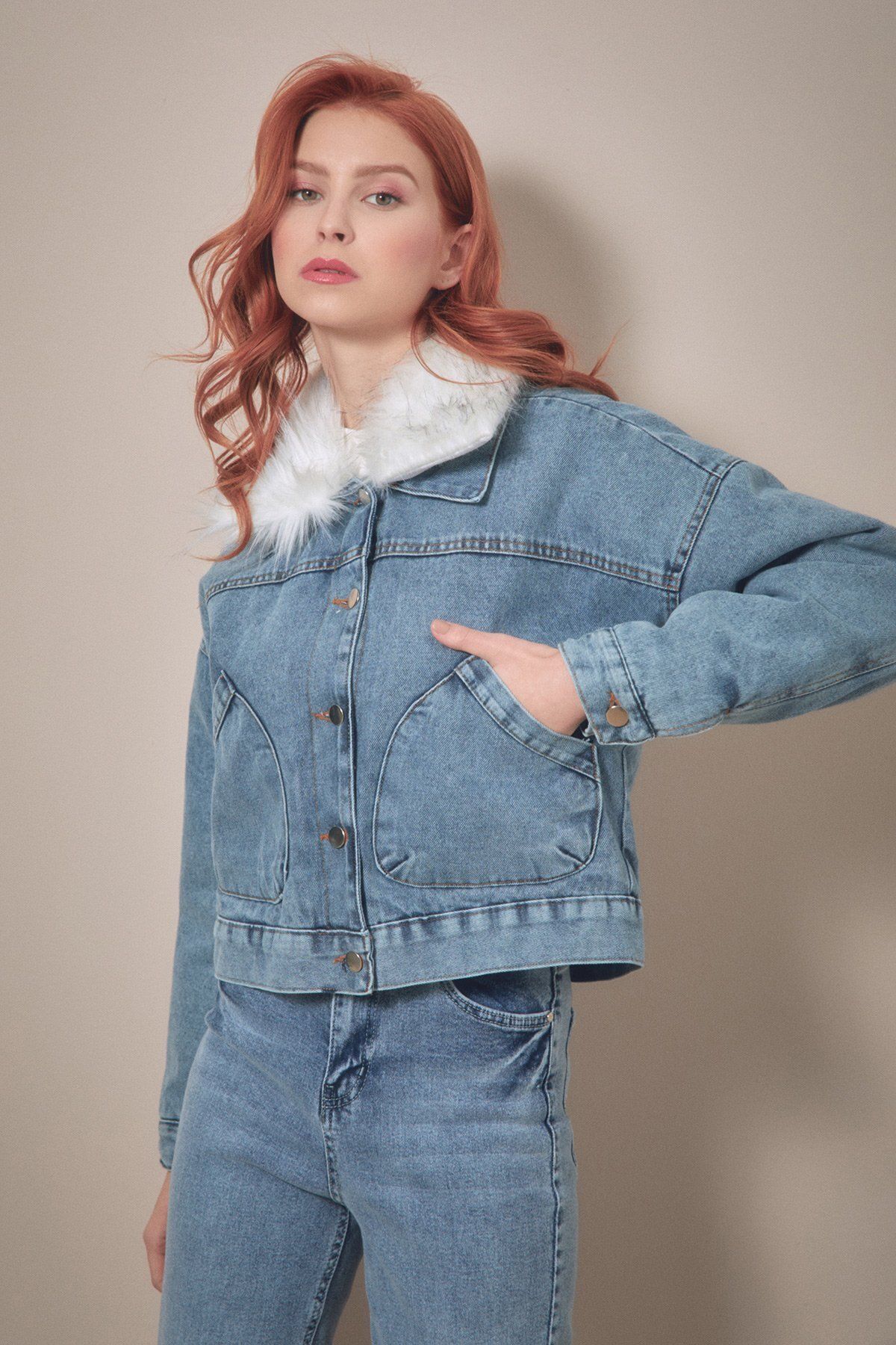 Green denim jacket with fur new arrivals