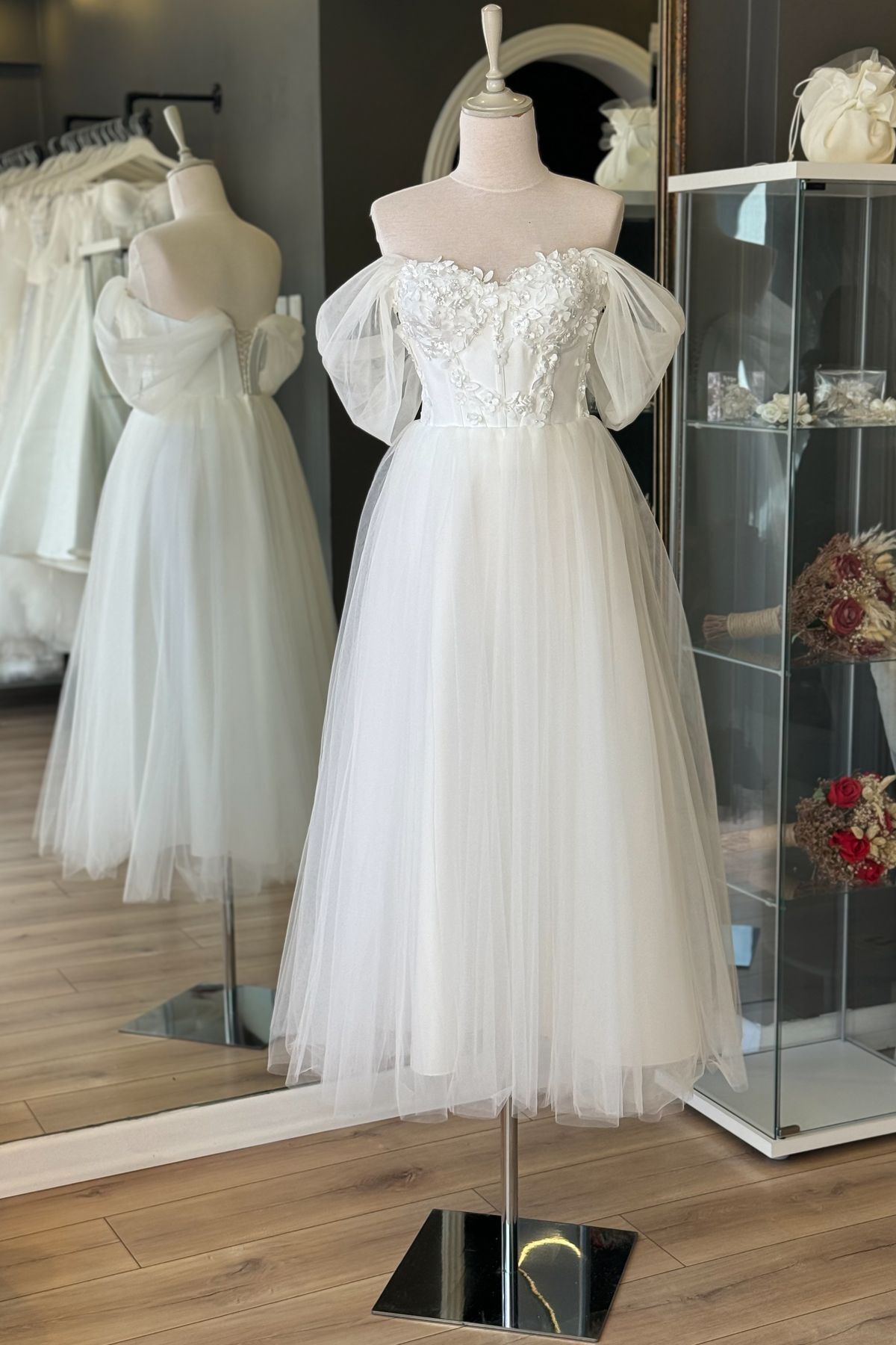 Lenta Moda Rochie De Seară Și Rochie De Seară Albă Cu Flori 3d, Lungime Midi Femeie - 44