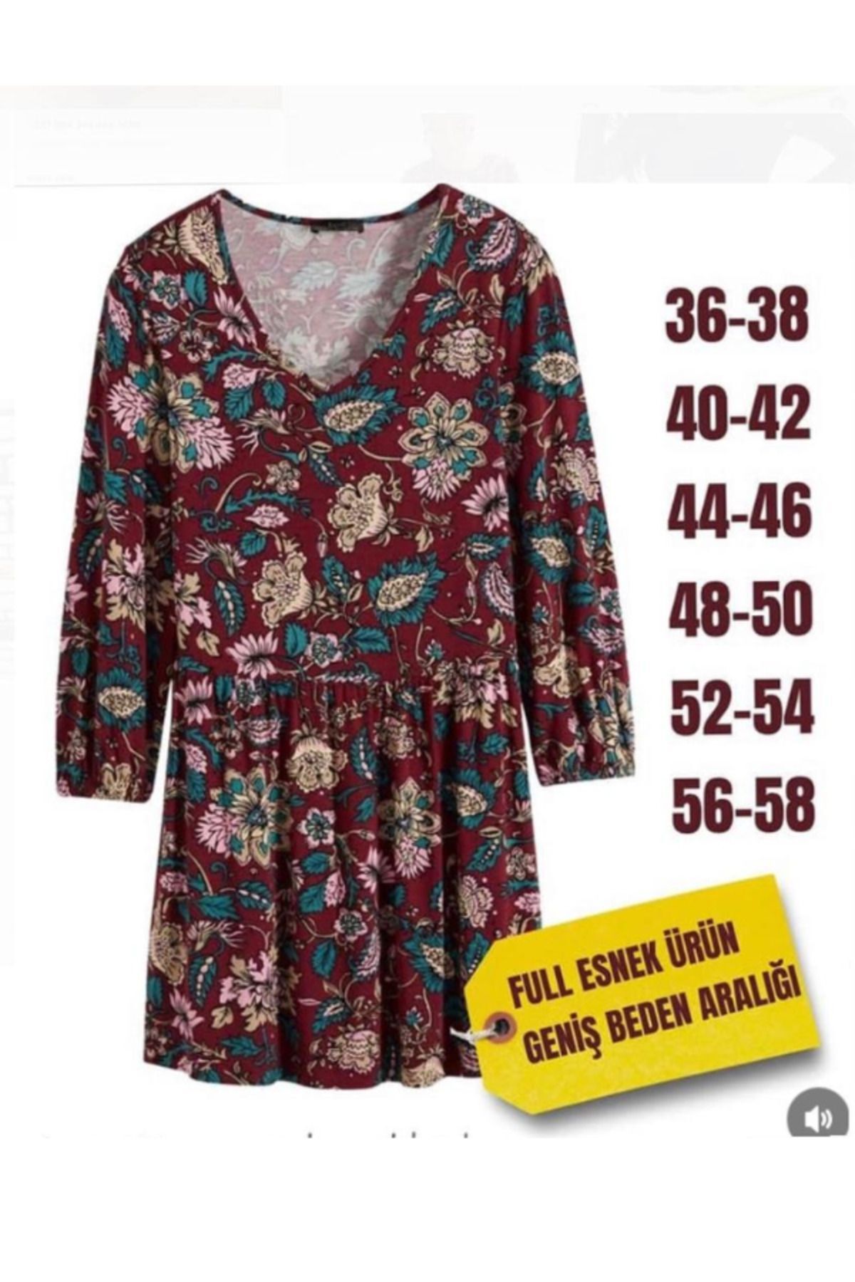 Elegant Büyük Beden Tunik, Bordo Çiçek Desenli Tunik