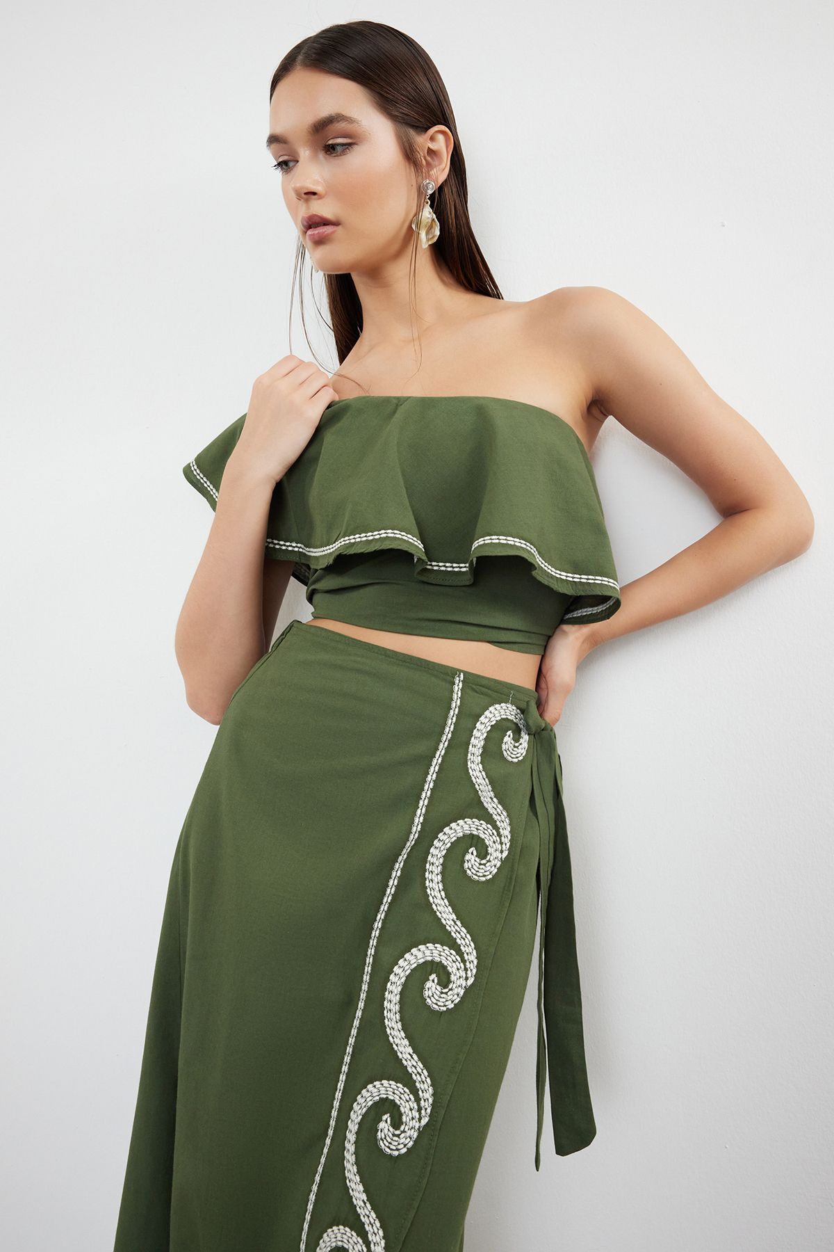 Trendyol Collection-Khaki Woven Flounces Single Shoulder 100% Cotton Blouse Skirt Beach Suit Tbess24Au00009 2