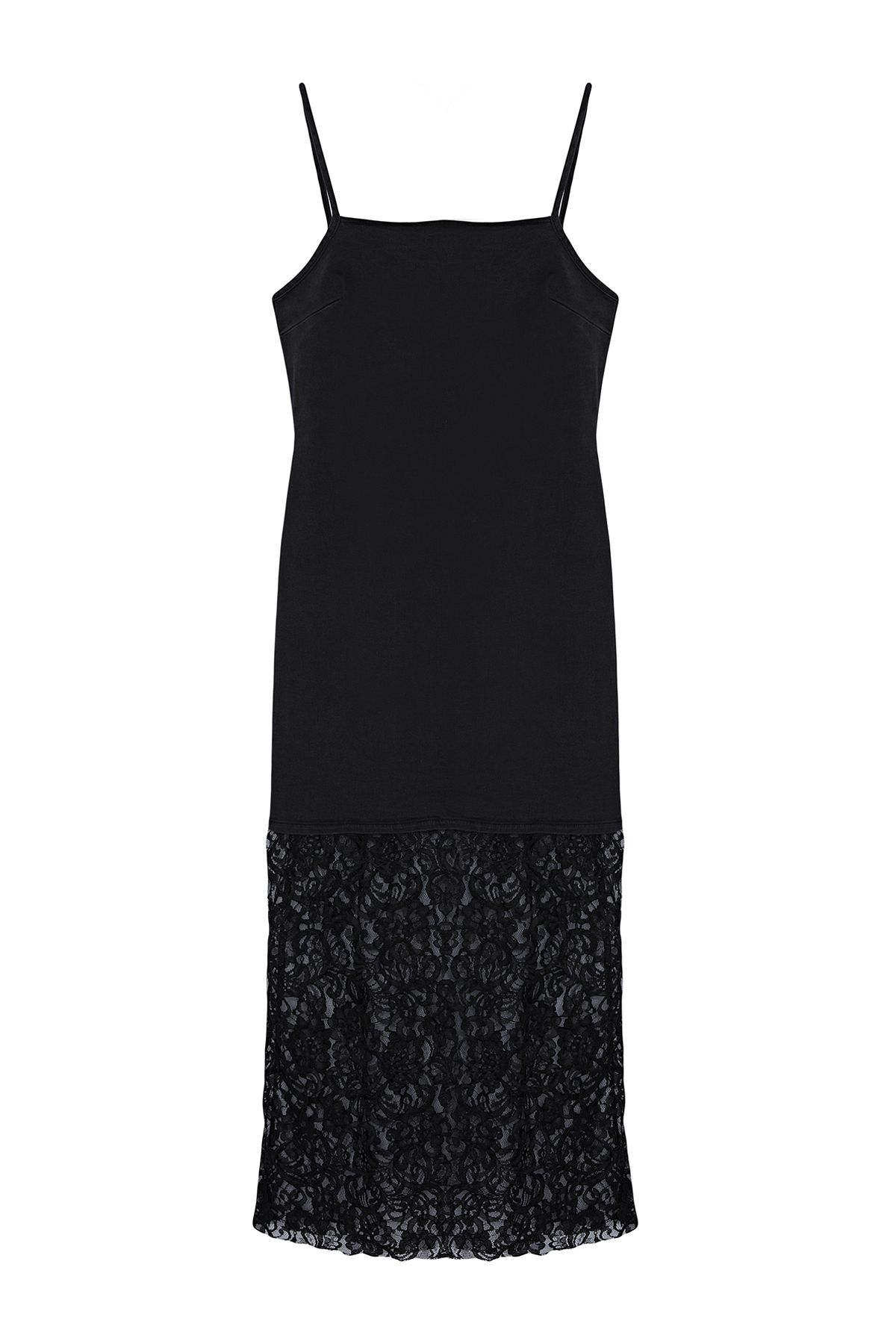 Trendyol Collection-Schwarzes Midi-Jeanskleid mit Trägern - Spitzendetail, TWOSS24EL01007 6