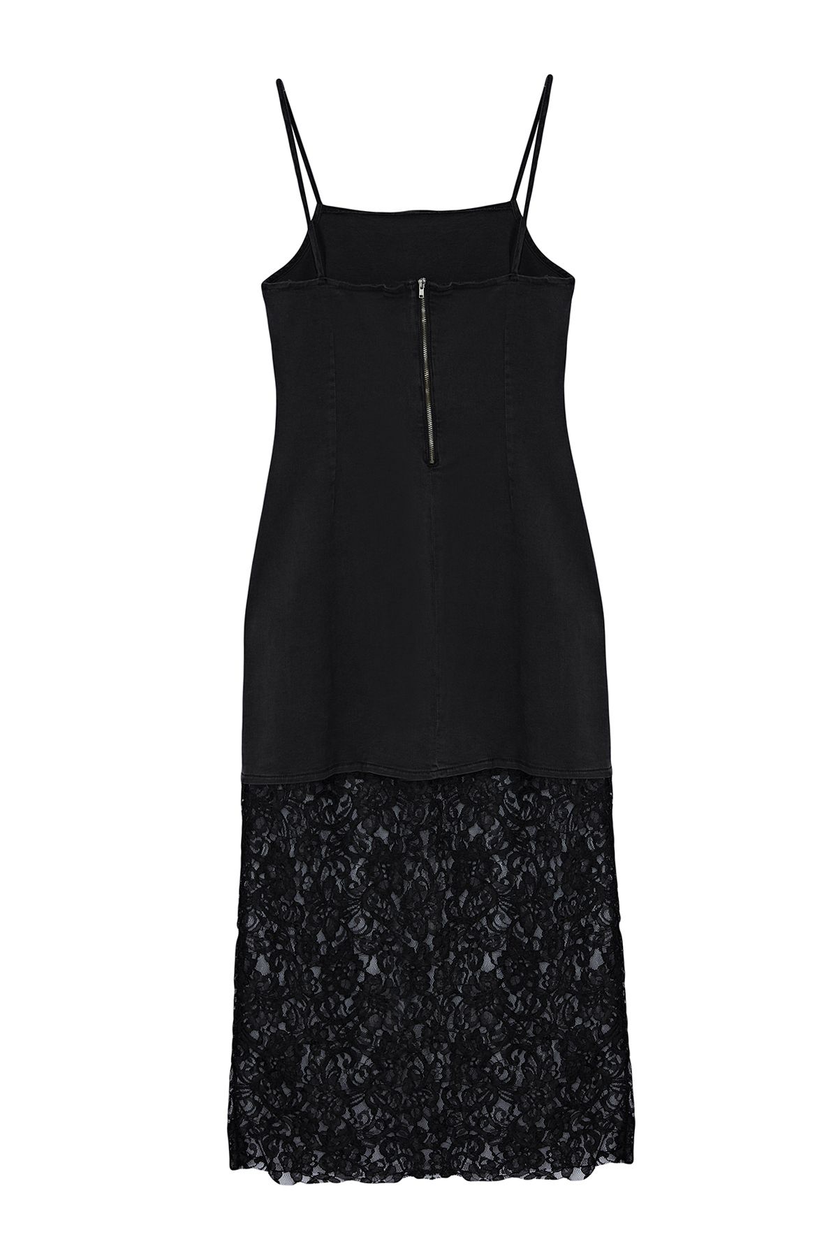 Trendyol Collection-Schwarzes Midi-Jeanskleid mit Trägern - Spitzendetail, TWOSS24EL01007 7
