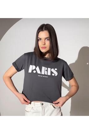 Remina Kadın Paris Baskılı Tshirt Füme