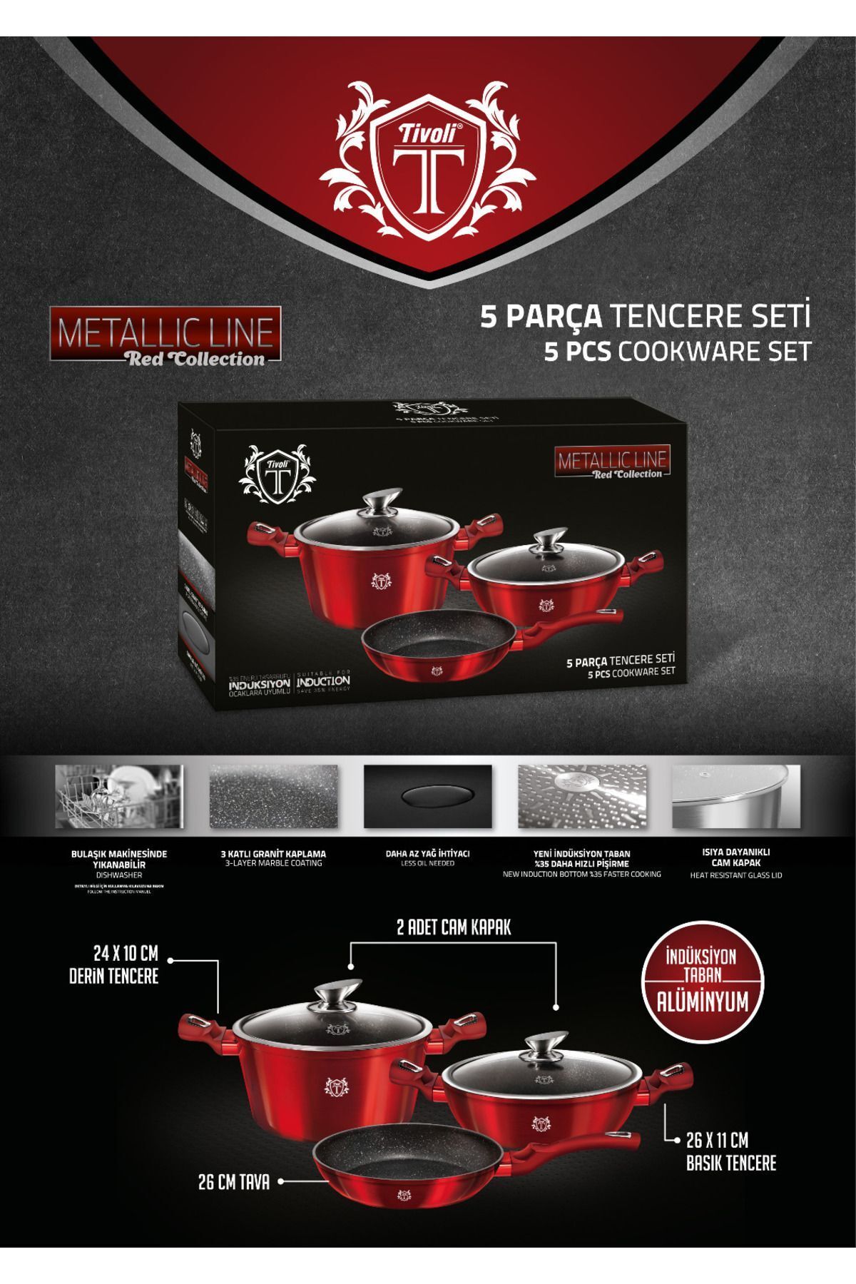 TİVOLİ-Tivoli Metallic Line Red - 5 Piece Cookware Set 1