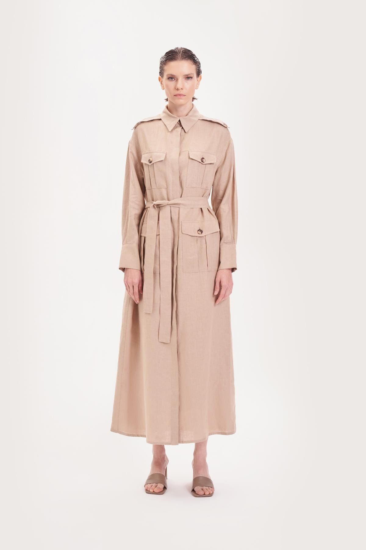 TERZİ DÜKKANI Rochie Safari 100% In Cu Buzunare - Cameel Femeie - 2