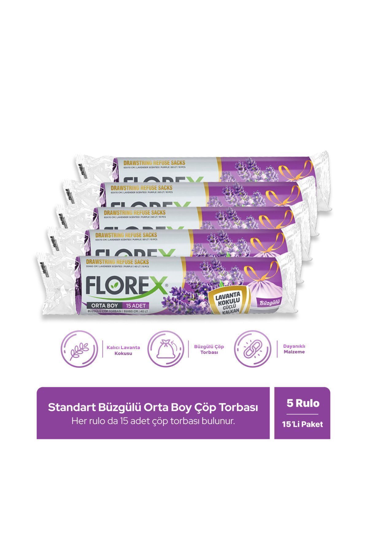 Florex Büzgülü Lavanta Kokulu Orta Boy Çöp Poşeti X 5 Rulo