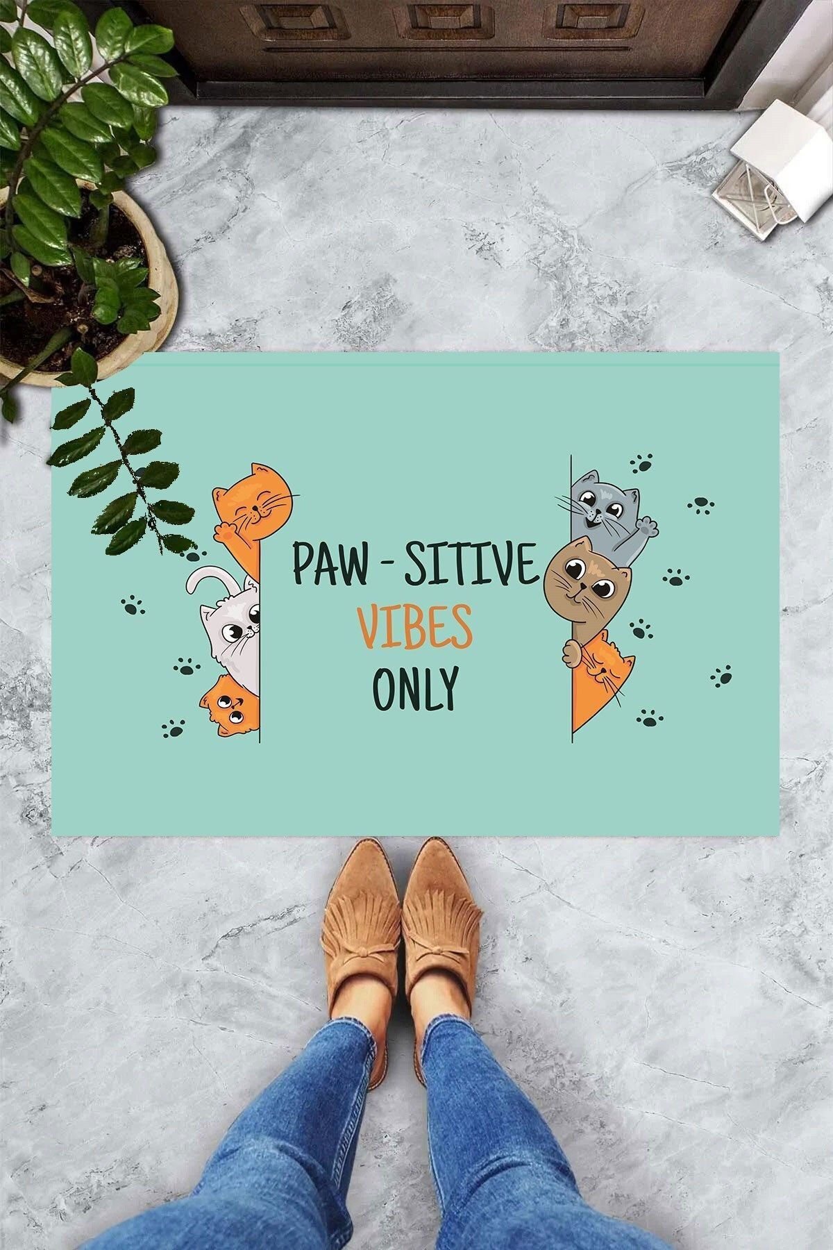 on the clouds-Digital Printed Paw-Sitive Vibes Only Written Decorative Door Mat 2