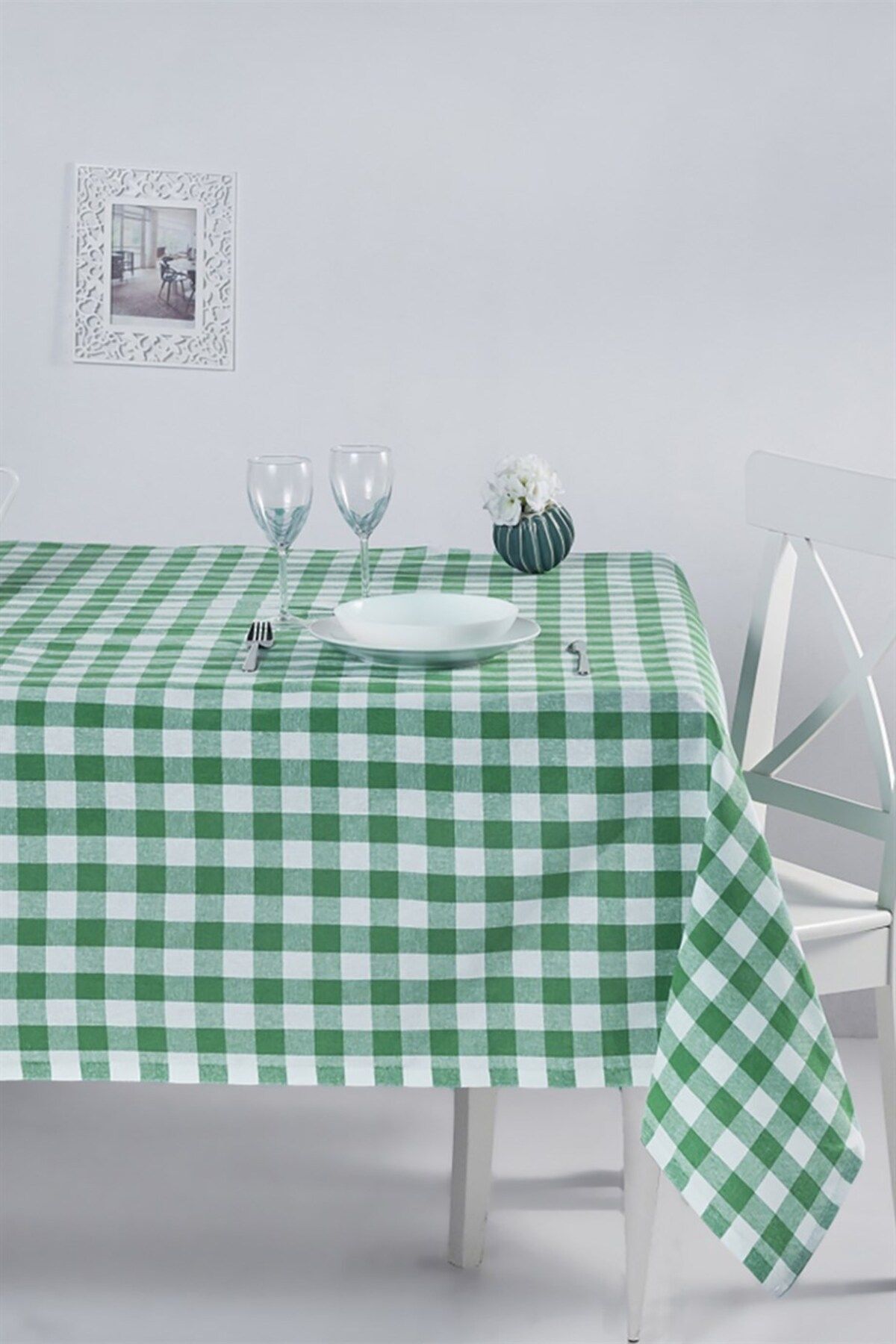 Denizli Concept Kareli Yeşil Masa Örtüsü - Günlük Kullanıma Uygun 160x260 Cm Pamuklu Örtü