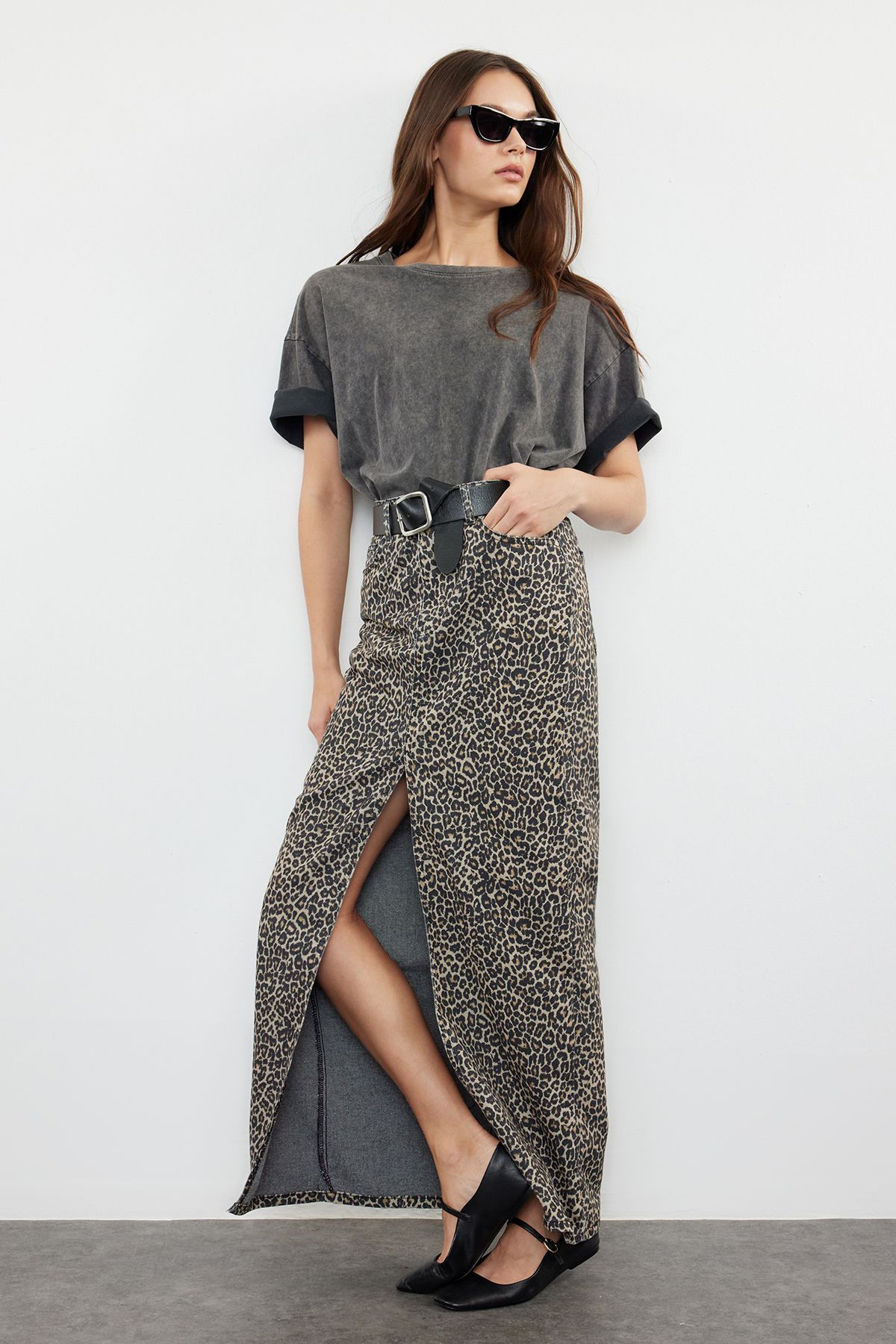 Trendyol Collection Wielokolorowa, Wzorzysta, Brązowa Spódnica Midi Z Denimu Z Motywem Panterki Twoaw25et00009 Kobieta - 32