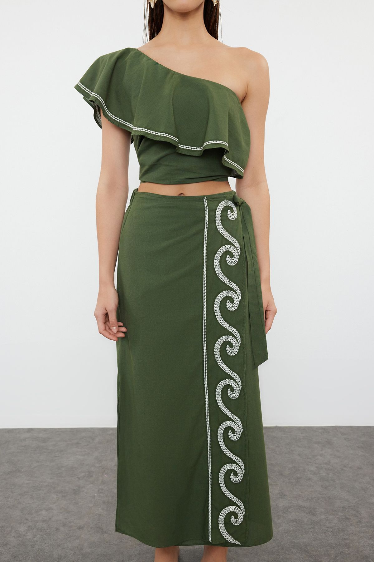 Trendyol Collection-Khaki Woven Flounces Single Shoulder 100% Cotton Blouse Skirt Beach Suit Tbess24Au00009 3