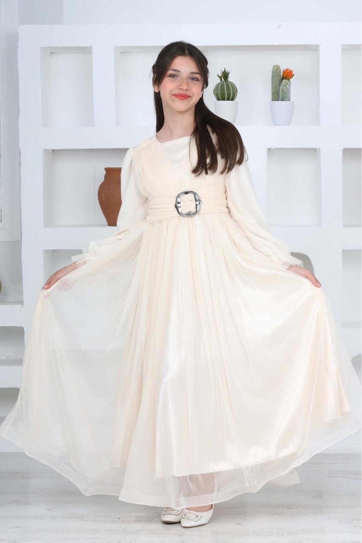 Girls Long Length Cream Modest Evening Dress