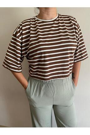 Remina Kadın Çizgili Krop Bol Kesim Tshirt Kahve