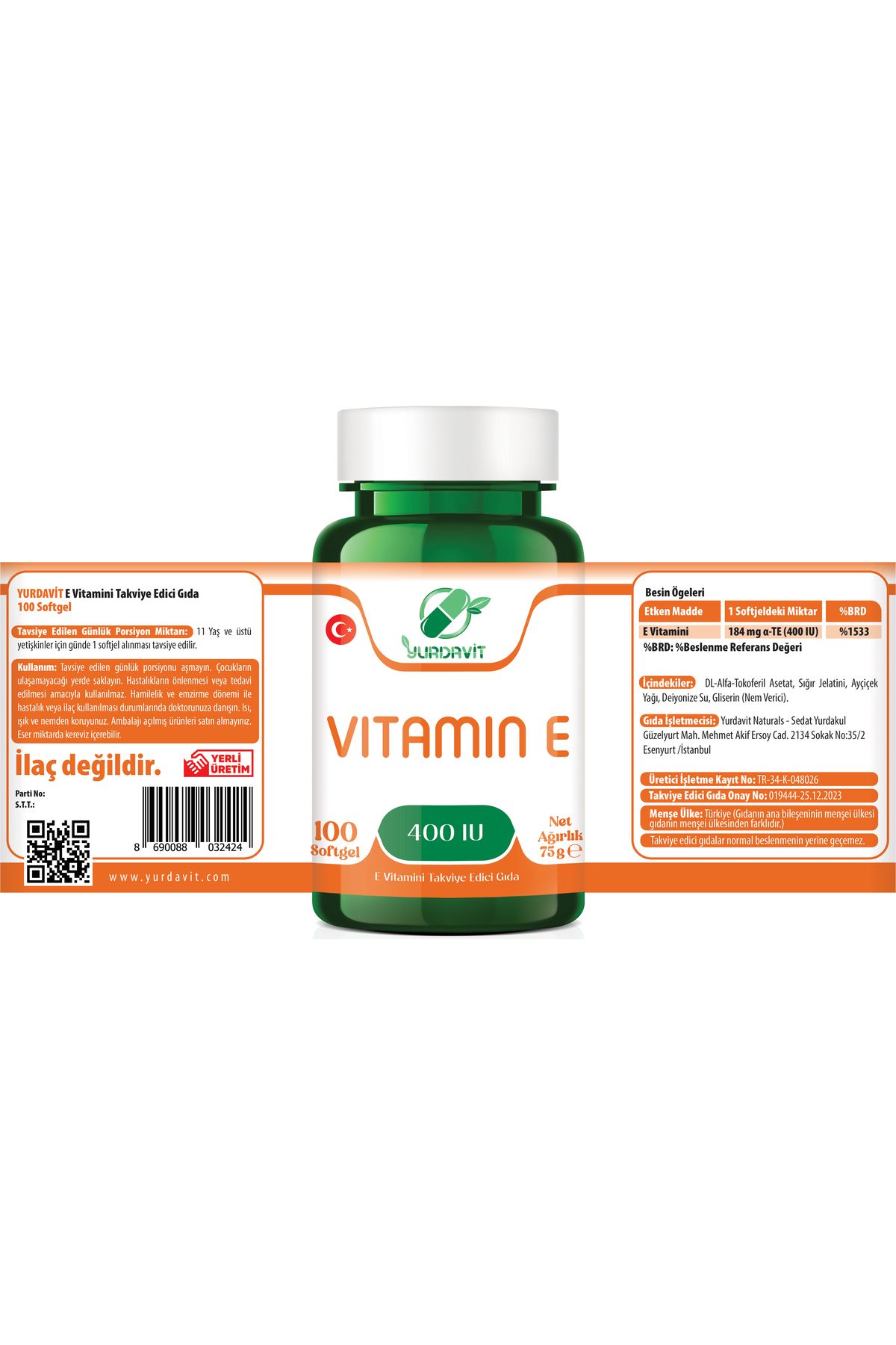 Yurdavit-Vitamin E - 400 IU 100 Softgel Vitamin E Tablets 4