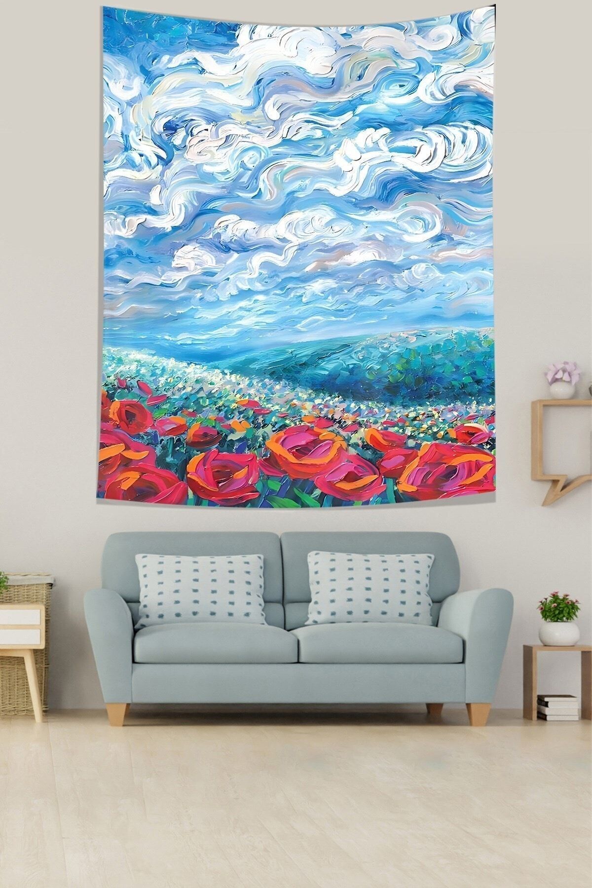 on the clouds-Poppy Field and Cloud Wave Pattern Stain Resistant Fabric Wall Cloth Wall Carpet Tapestry 3