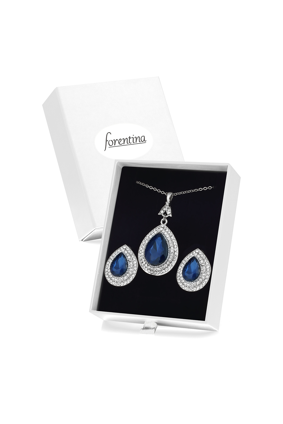 Forentina Gümüş Kaplama Lacivert Taşlı Kolye Küpe-Özel Beyaz Kutuda Hediye Set PS3679