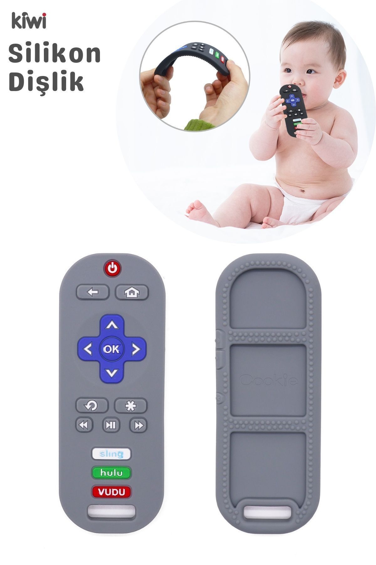 Kiwi-Remote Easy to Hold Relaxing Teether German Design Baby Control Teether - Gray Color 1