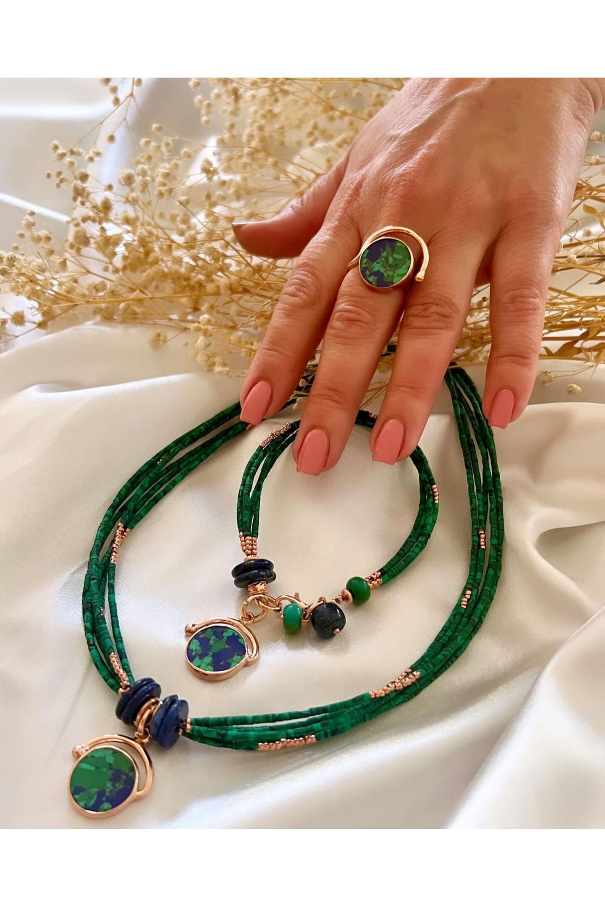 splashtakı 925 Ayar Gümüş Rose Kaplama Malahit Lapislazuli Kolye Bileklik Yüzük Set