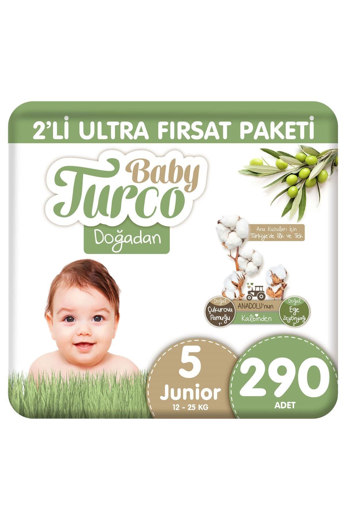 Baby Turco Doğadan 2'li Ultra Fırsat Paketi Bebek Bezi 5 Numara Junior 290 Adet