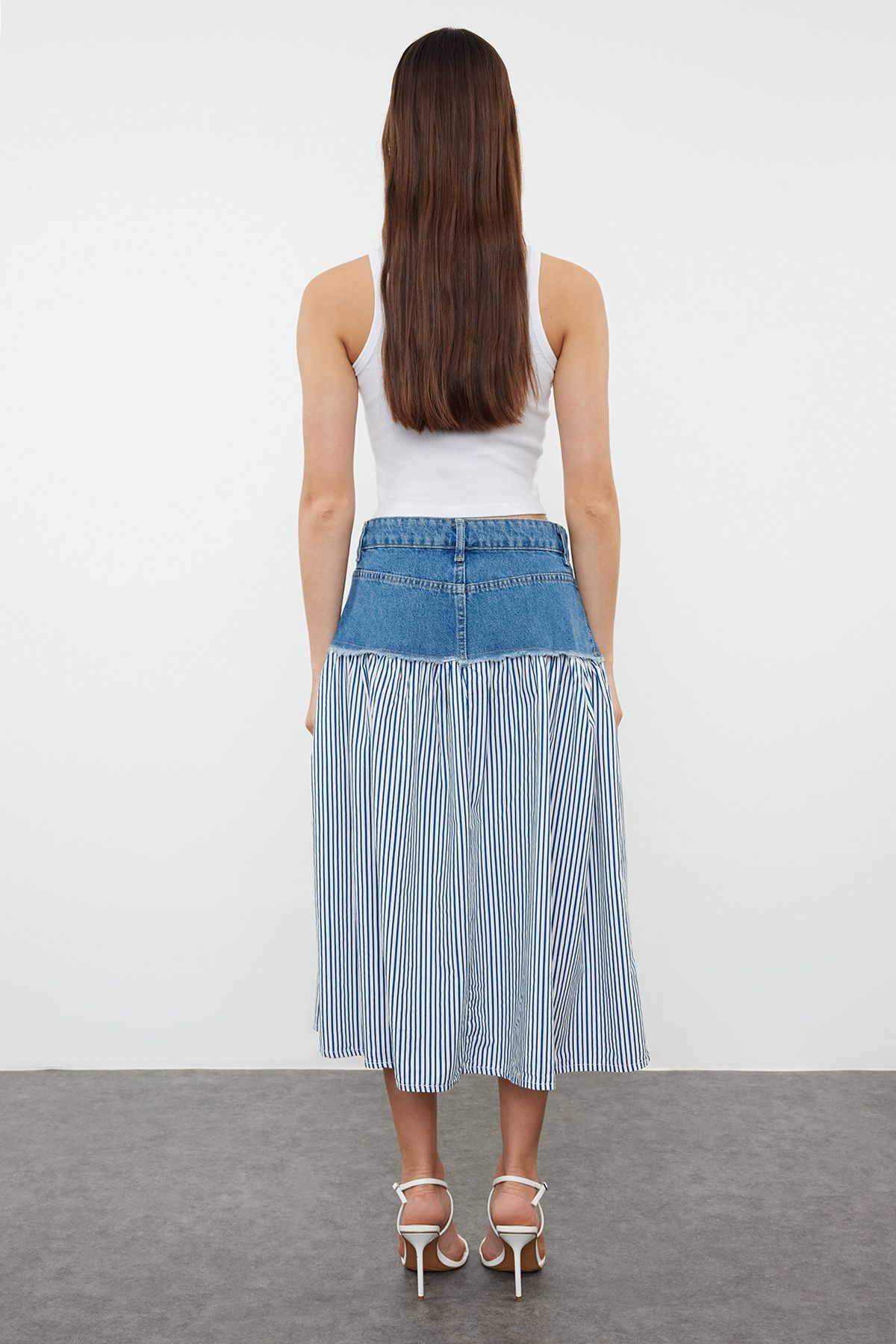 Trendyol Collection-High Waist Midi Denim Skirt - Multicolor and Chevron, Block Pattern TWOSS24ET00142 10