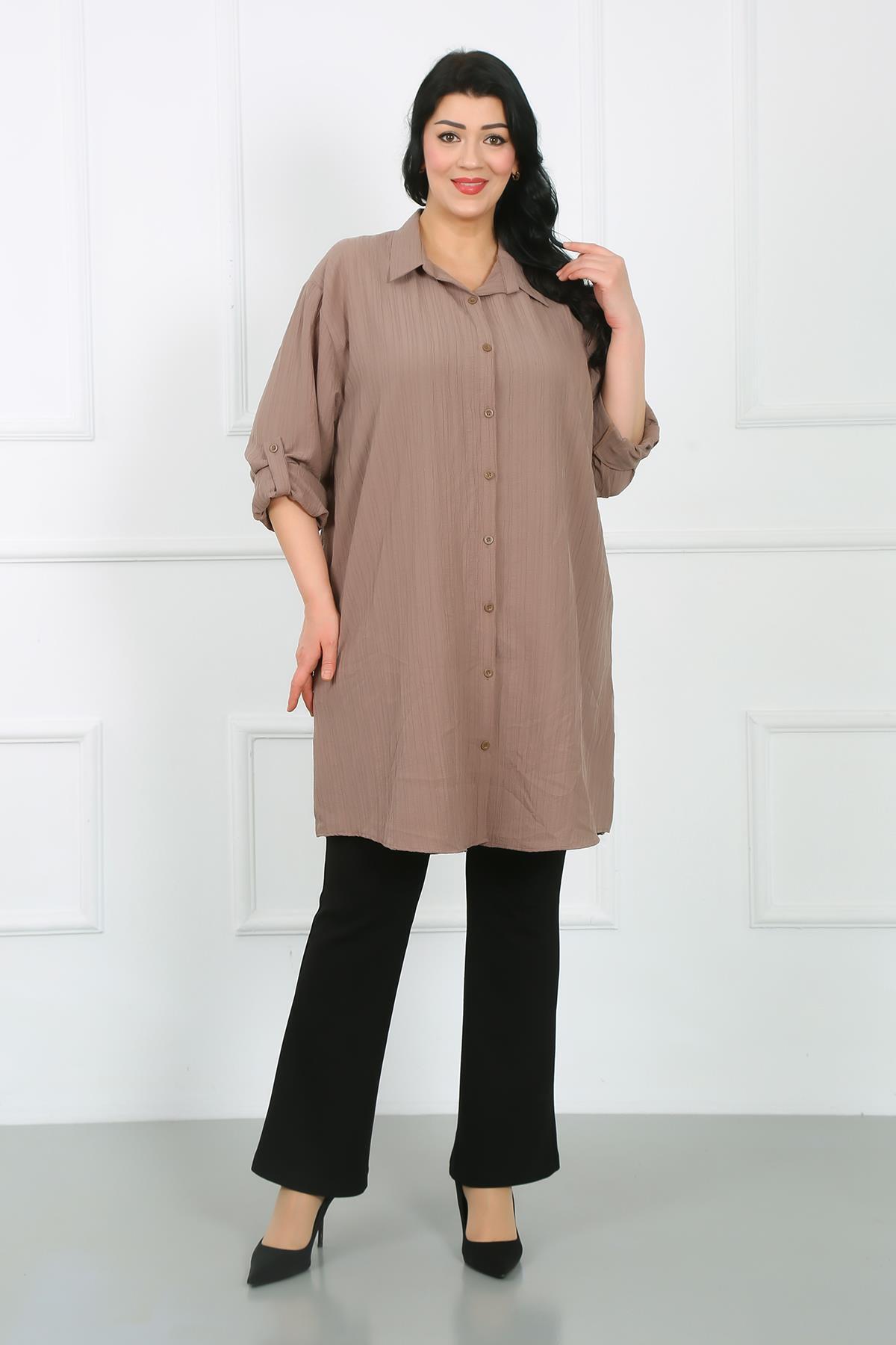 By Alba Collection Kadın Koyu Vizon Bürümcük Kumaş Büyük Beden Tunik