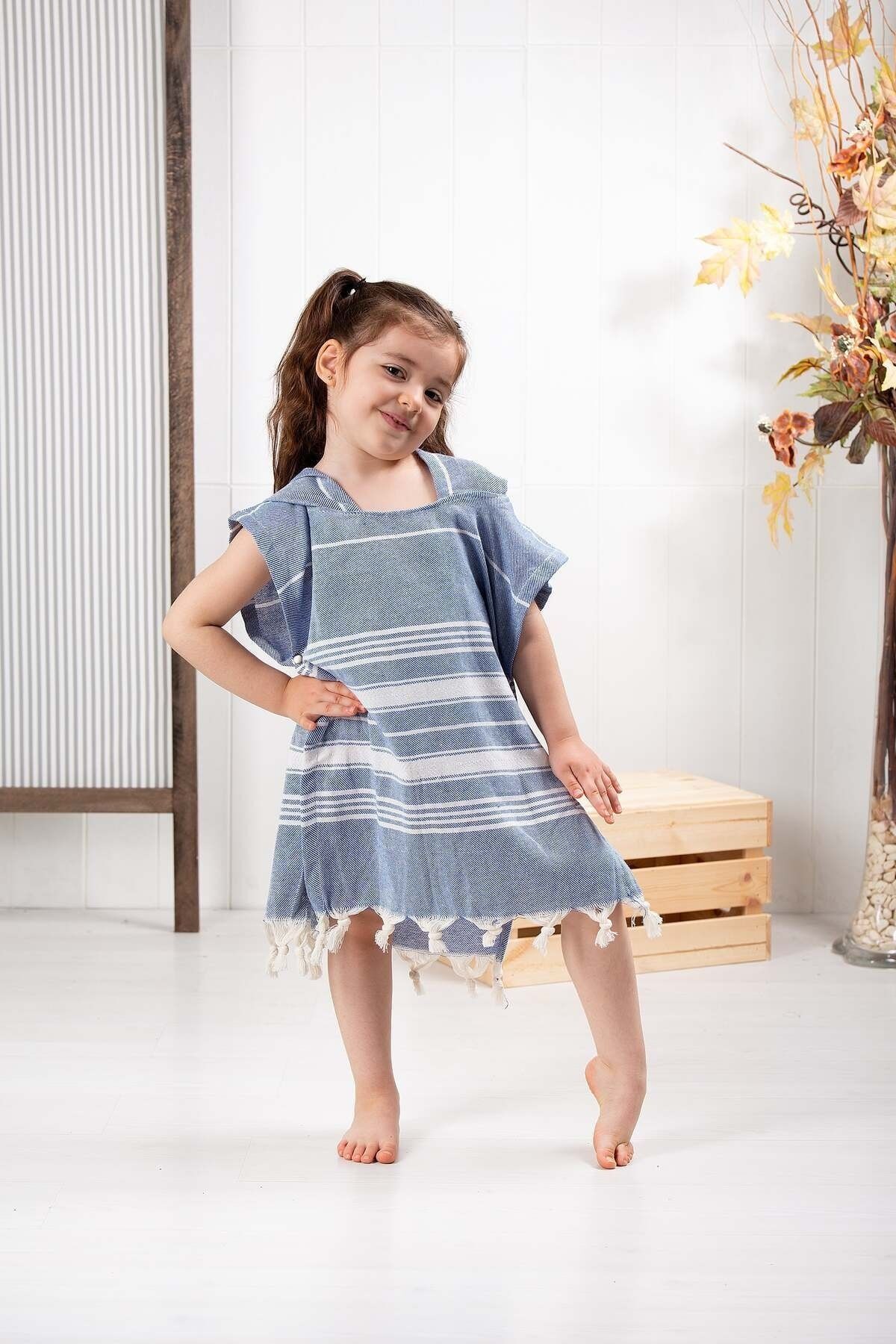 Formeya-Kinder-Bademantel, Poncho, 100 % Baumwolle, Strandtuch, Peshtemal, Marineblau 4