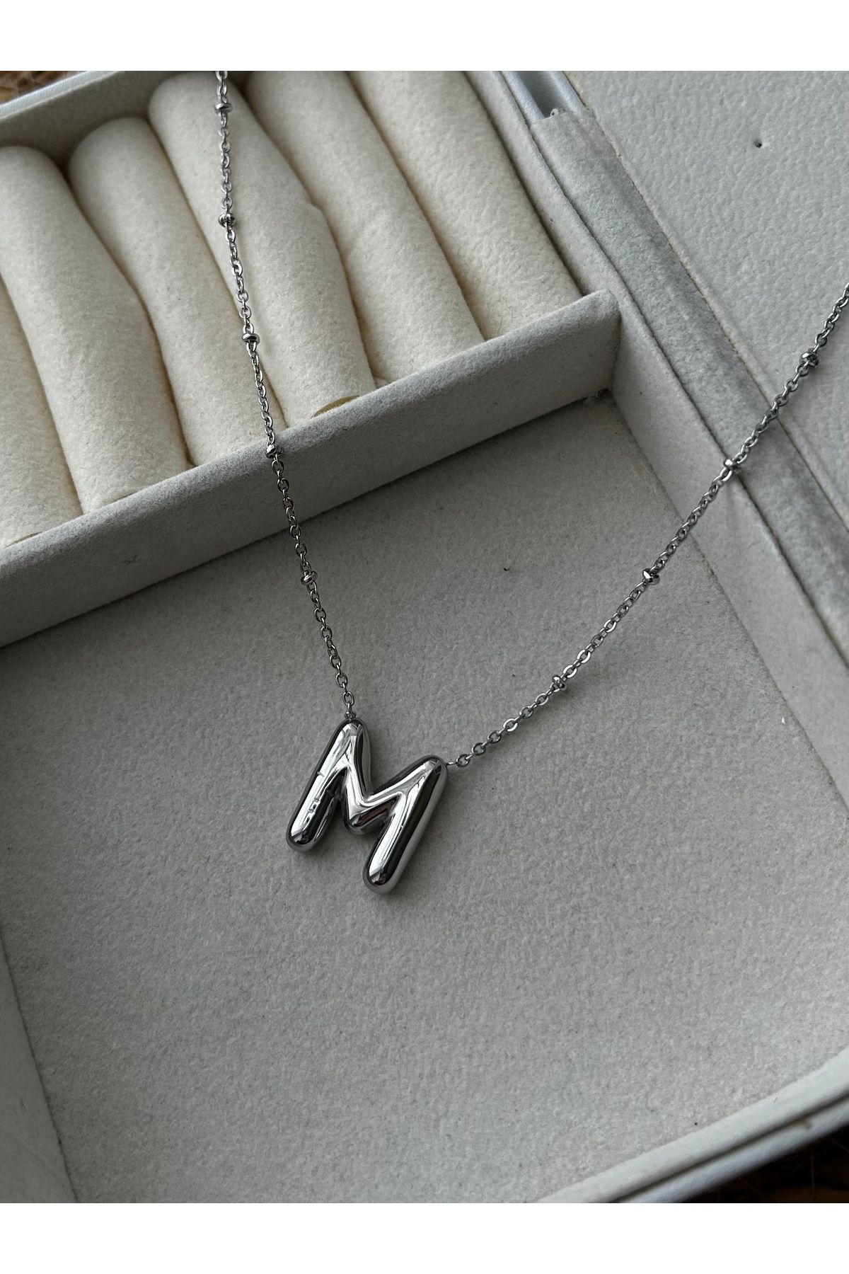 M initial necklace silver top