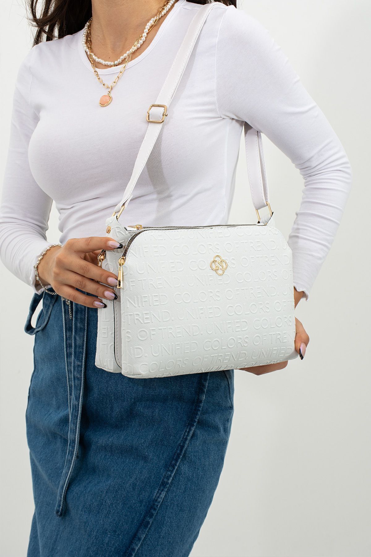 mugalas-White Text Printed Three Compartment Water Repellent Shoulder Cross Strap Quality Bag 3