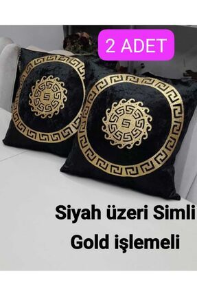 SEHARA 2 Adet Kadife/kırlent Kılıfı/ Siyah Üzeri Simli Gold deri Işlemeli/40x...