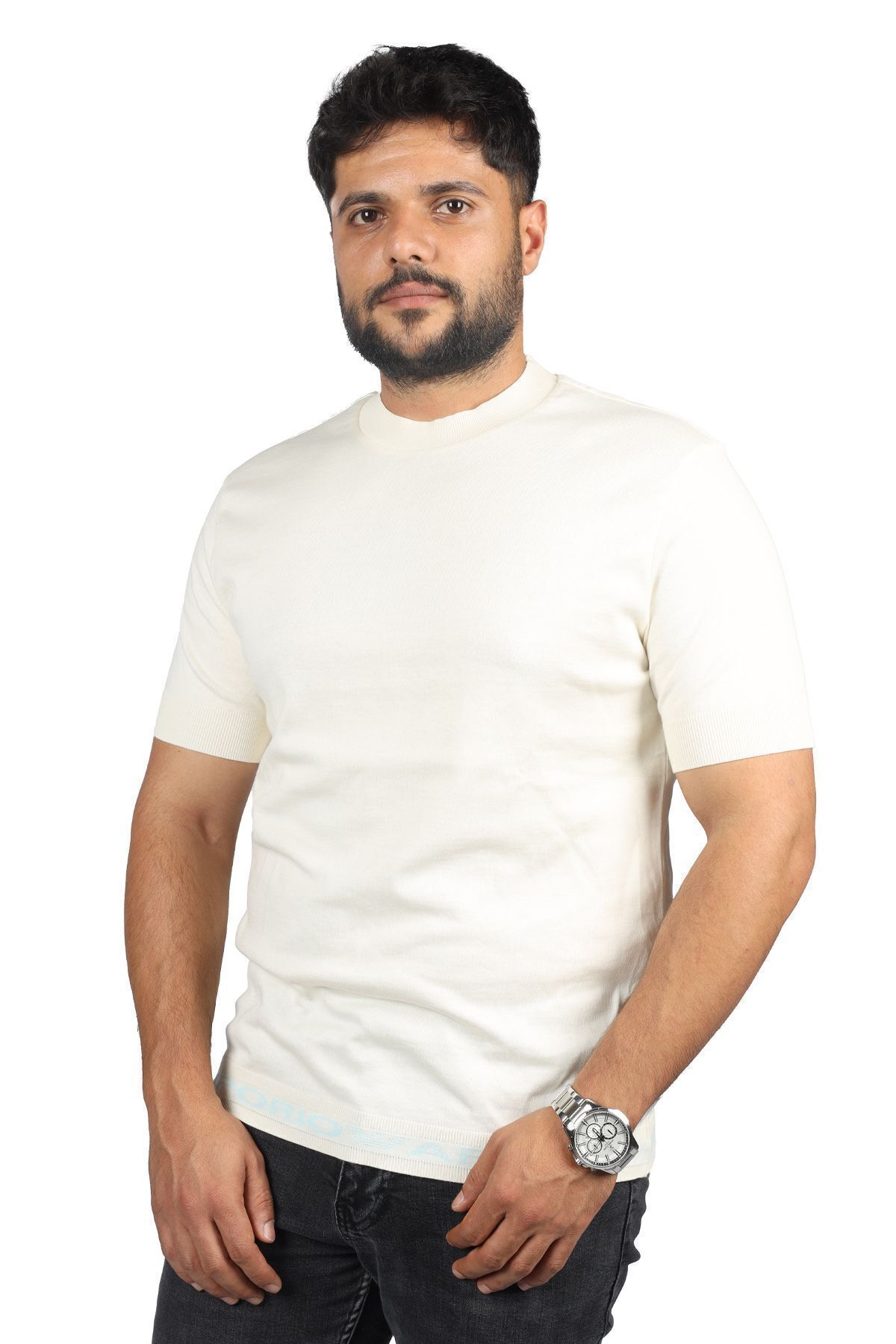 امپوریو آرمانی تی‌شرت آستین کوتاه مردانه طرح لوگو یقه گرد بژ 6R1TEB 1JFIZ-0108