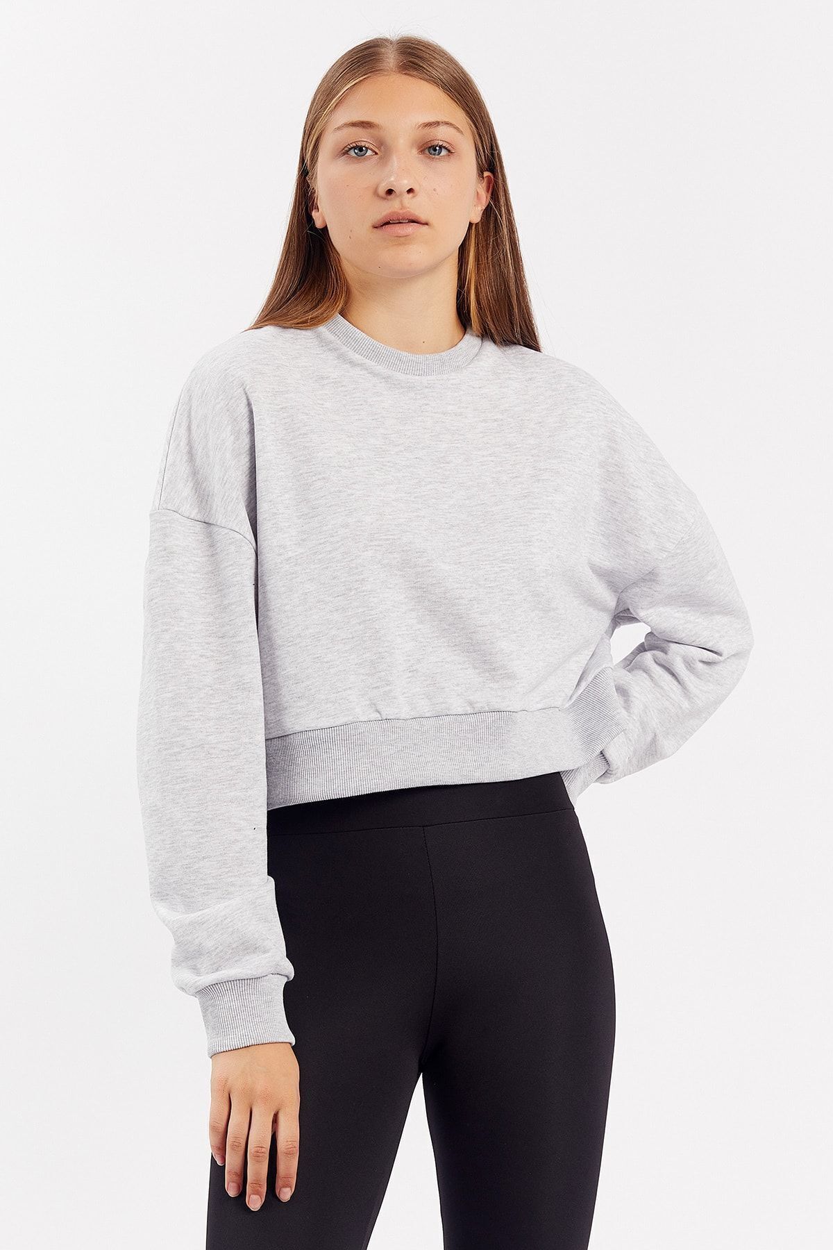 Toptan | Gri Melanj Bisiklet Yaka Crop Sweatshirt