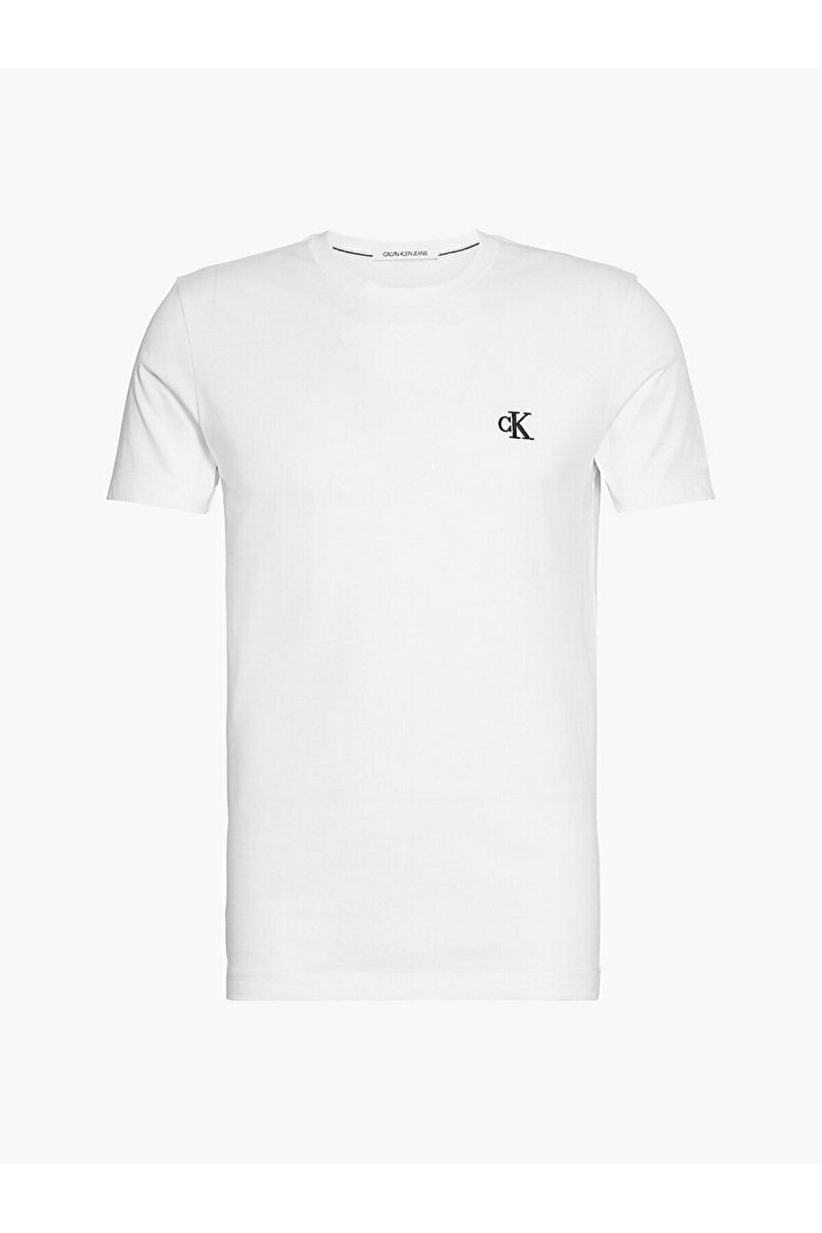 تی شرت سفید مردانه آرم گلدوزی پنبه ارگانیک باریک و دوچرخه آستین کوتاه J30J Calvin Klein