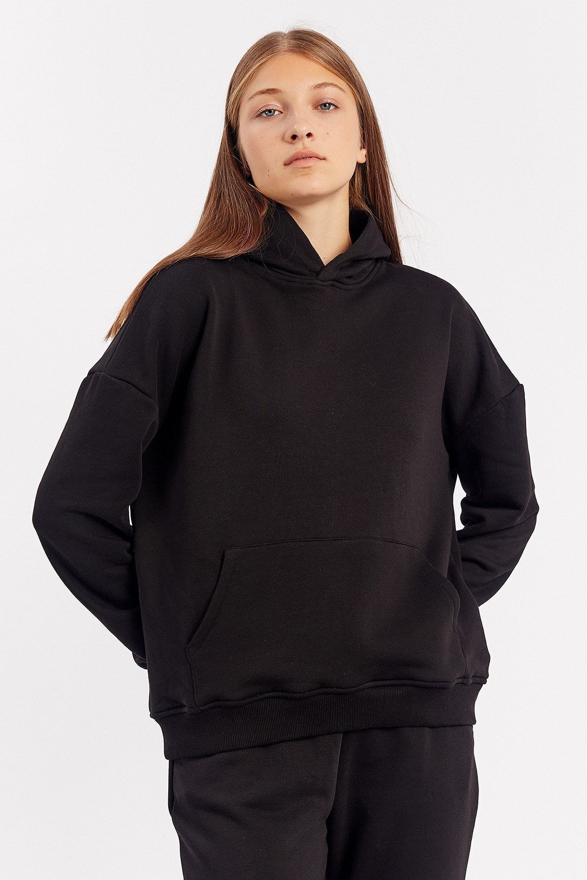 Toptan | Siyah Kapşonlu Kanguru Cepli Oversize Sweat