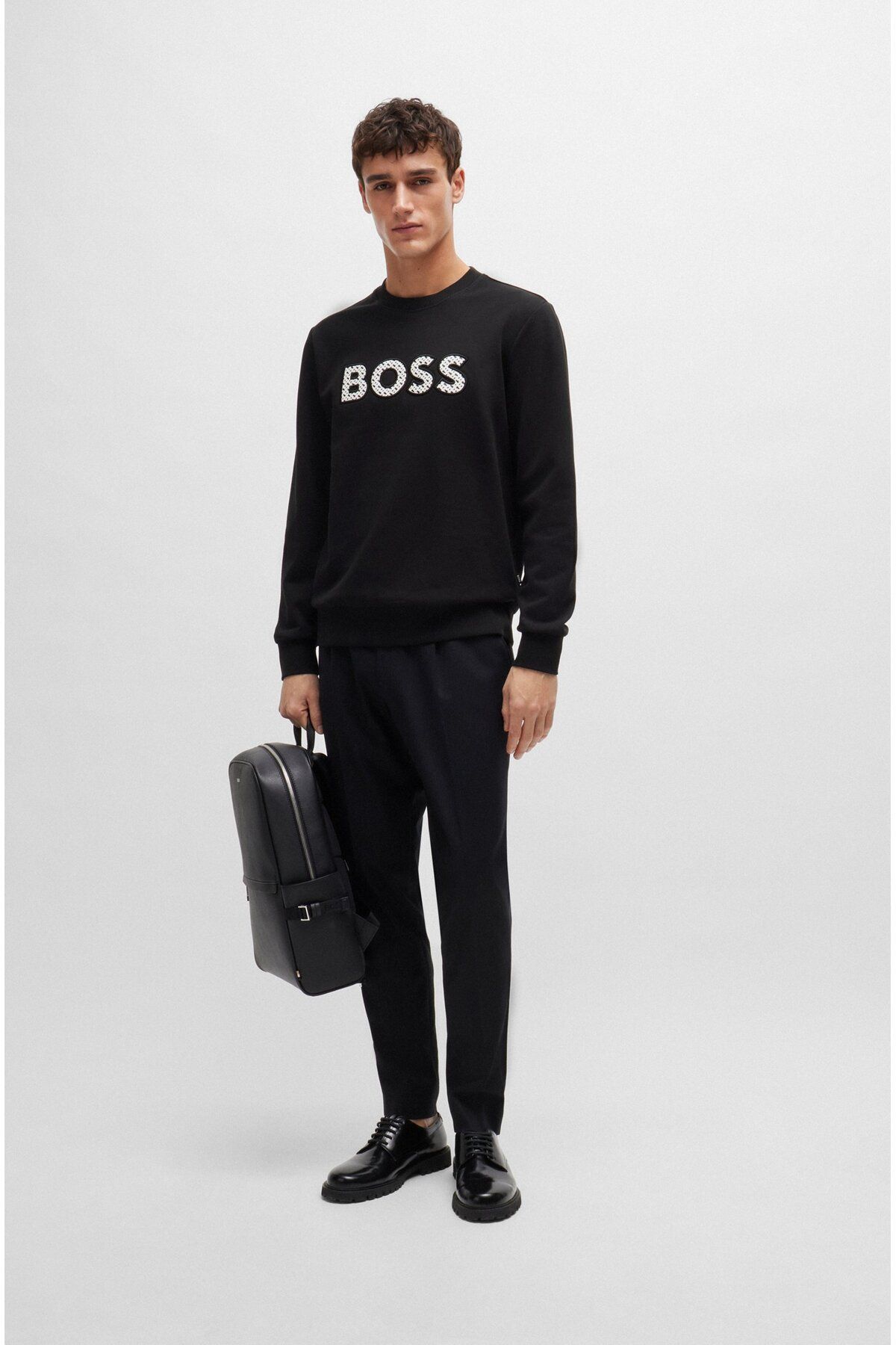 سویشرت مشکی مردانه یقه دوچرخه مناسب آستین بلند پنبه سیاه 002 BOSS