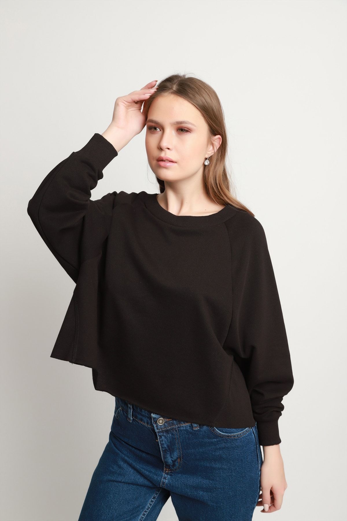 Siyah Ribana Detaylı Kadın Swaetshirt | MK20W274759