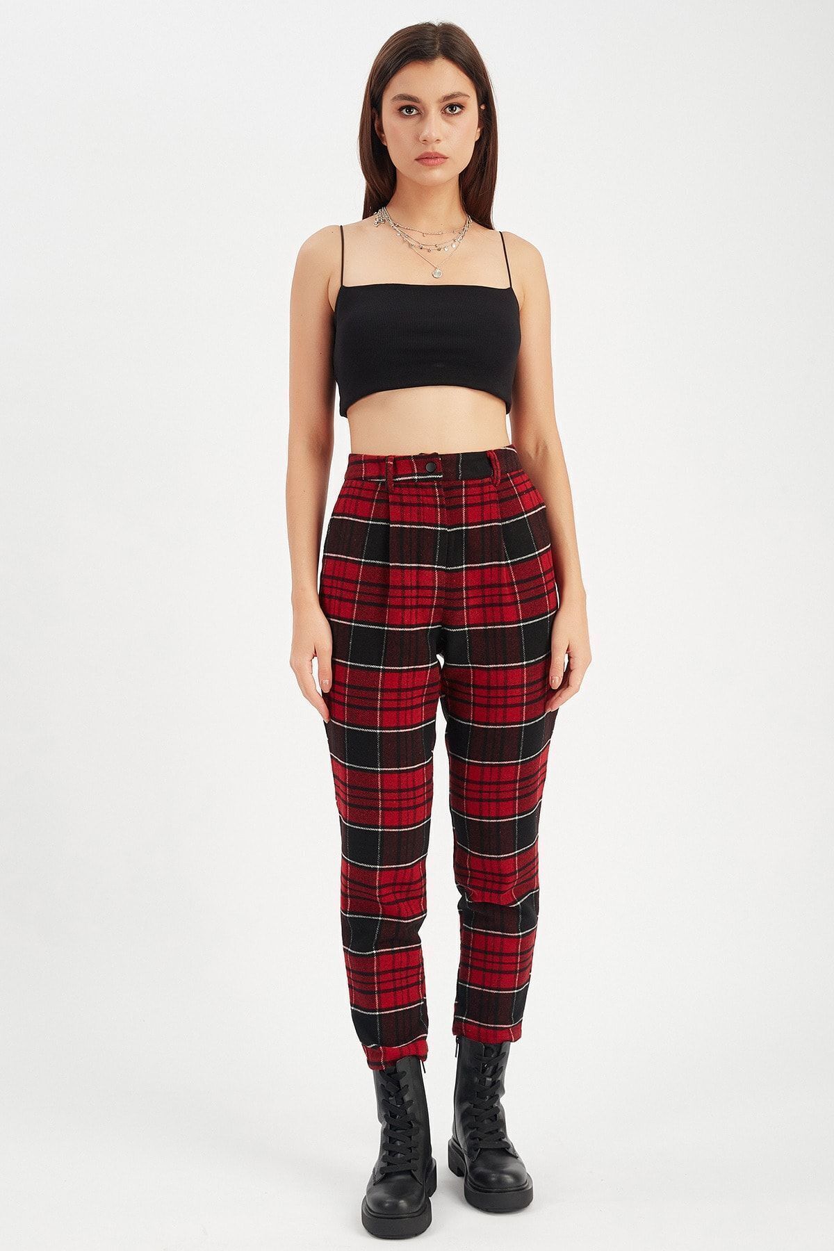 Kırmızı Kadın Mom Fit Flannel Pantolon | MK21W660089