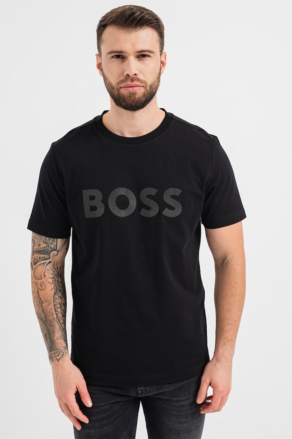 تی شرت مردانه آرم برند آقایان به طور منظم پنبه مناسب ای پیراهن سیاه 50506363 001 BOSS