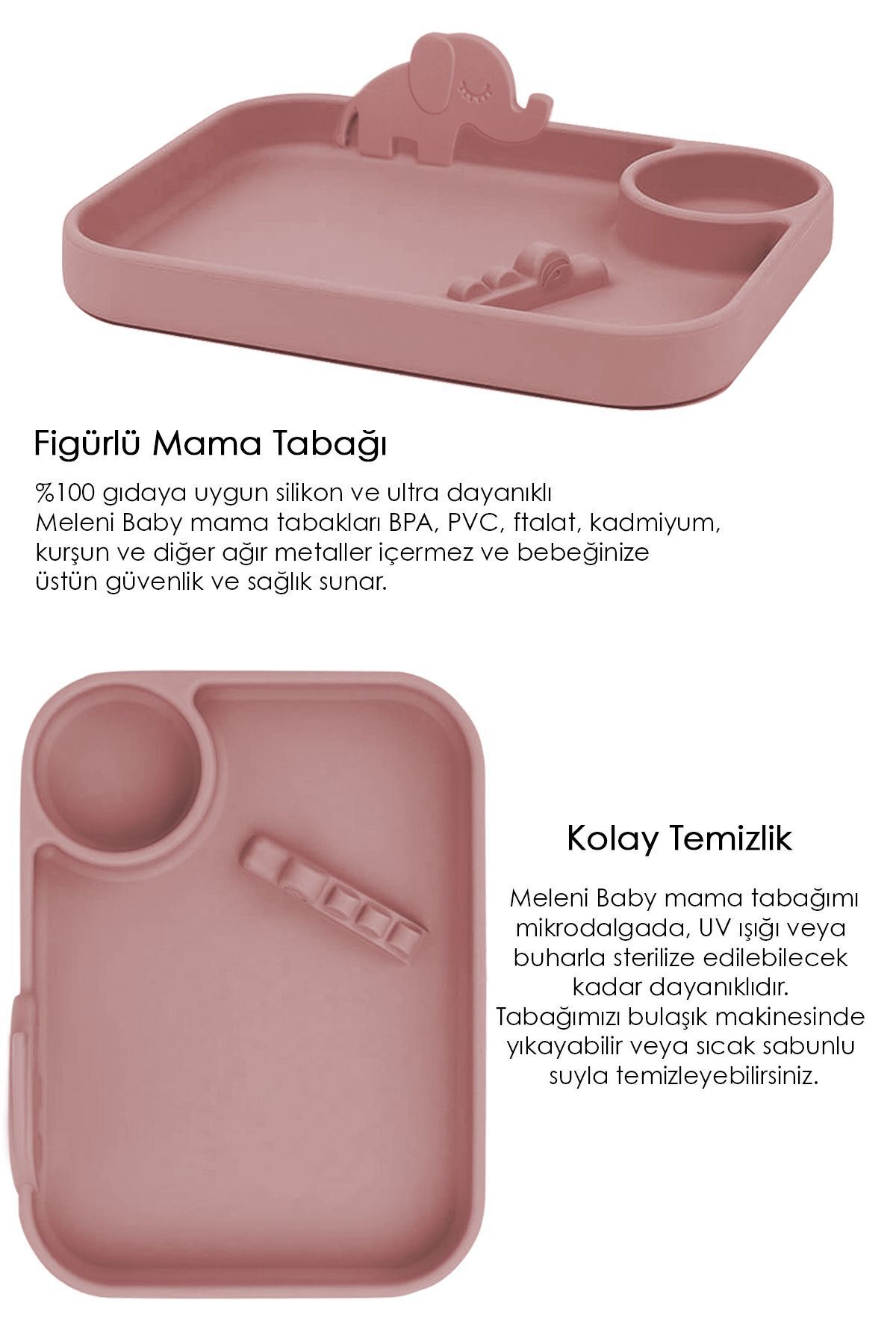 Meleni Baby 4'lü Silikon Beslenme Seti- 3 Bölmeli Beslenme Tabağı- Silikon Kaşık - Silikon Önlük- Bardak - Pembe fotoğrafı 7 (önizleme)