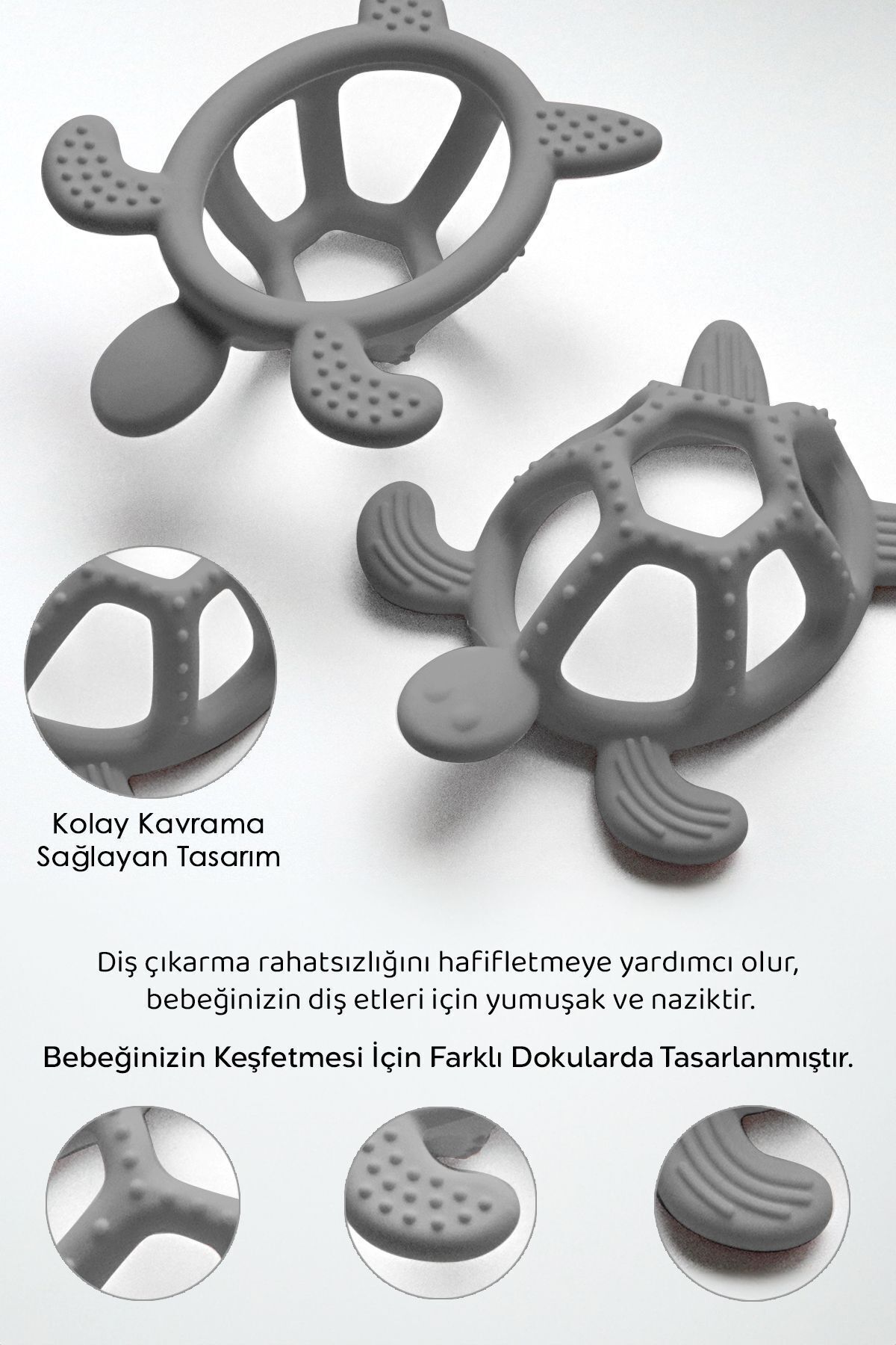 Meleni Baby Kaplumbağa Figürlü Bebek Dişlik - Diş Kaşıyıcı Bebek Dişliği - Gri fotoğrafı 3 (önizleme)