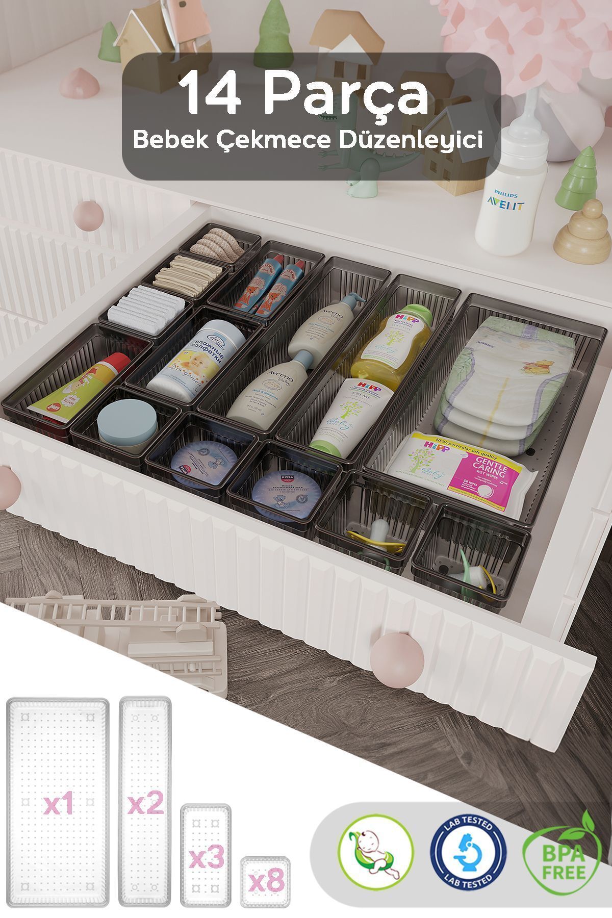 14-Piece Baby Drawer Organizer - Baby Organizer - Baby Care Organizer - Anthracite