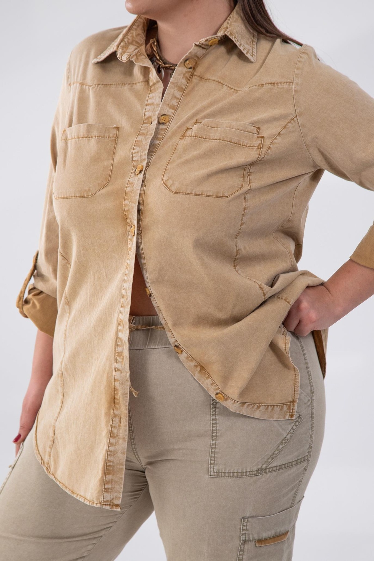 Roxxlen  Büyük Beden 122333 Cep Detaylı Apoletli Gömlek