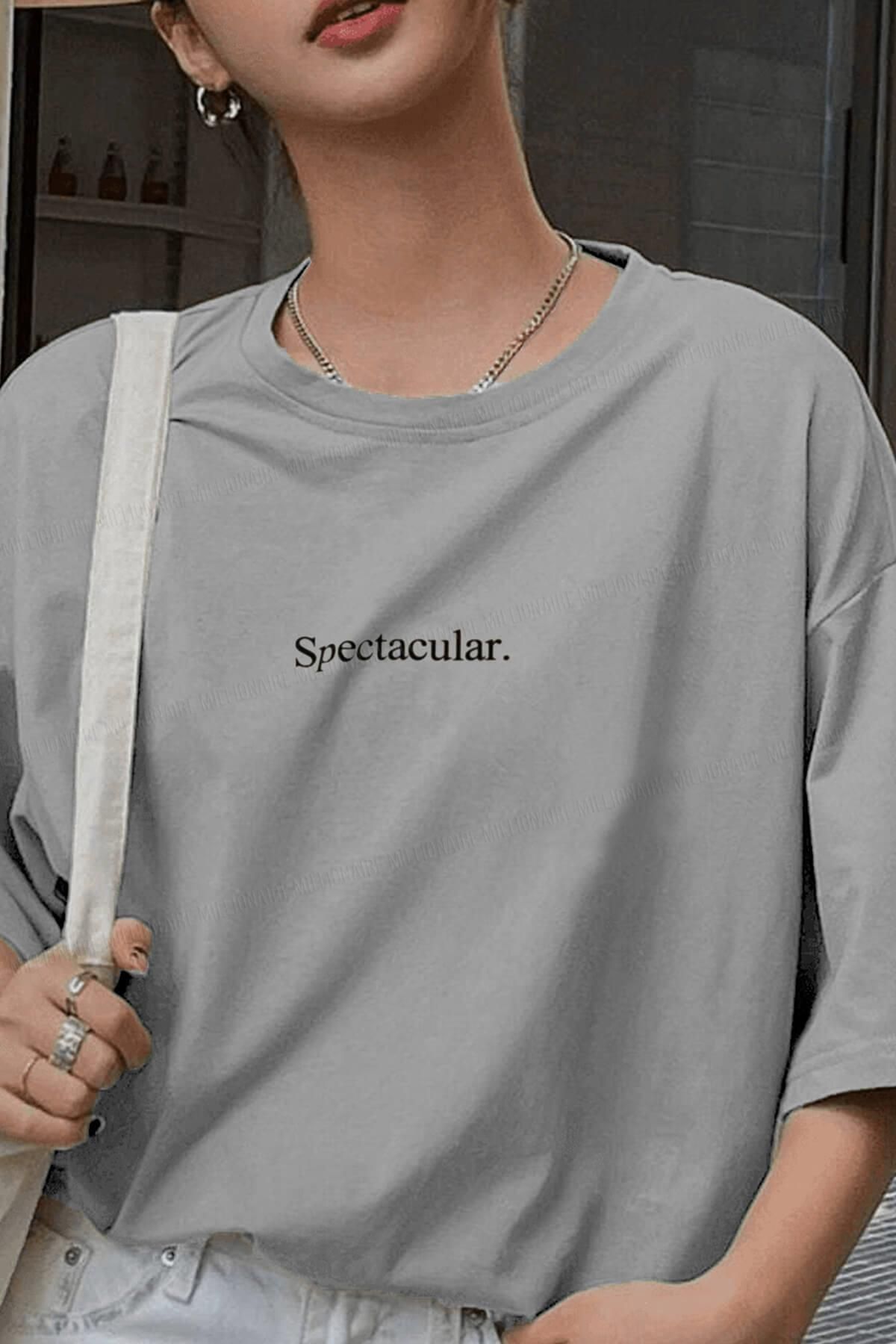 Spectacular Gri Oversize Salas Boyfriend Kadın T-shirt