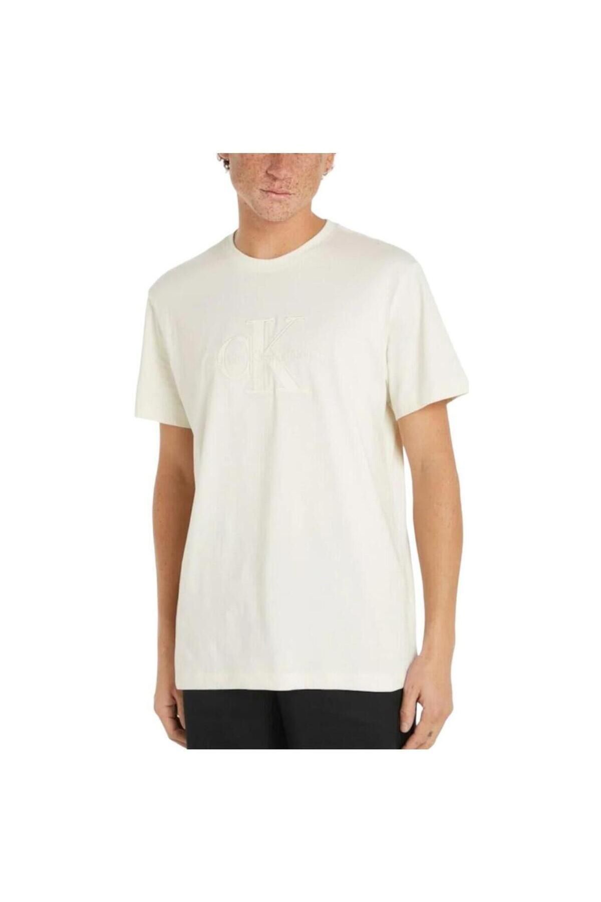 تی شرت نود مردانه آرم بزرگ مارک بازوی کوتاه روزانه سفید J30J325916 Yebi Calvin Klein