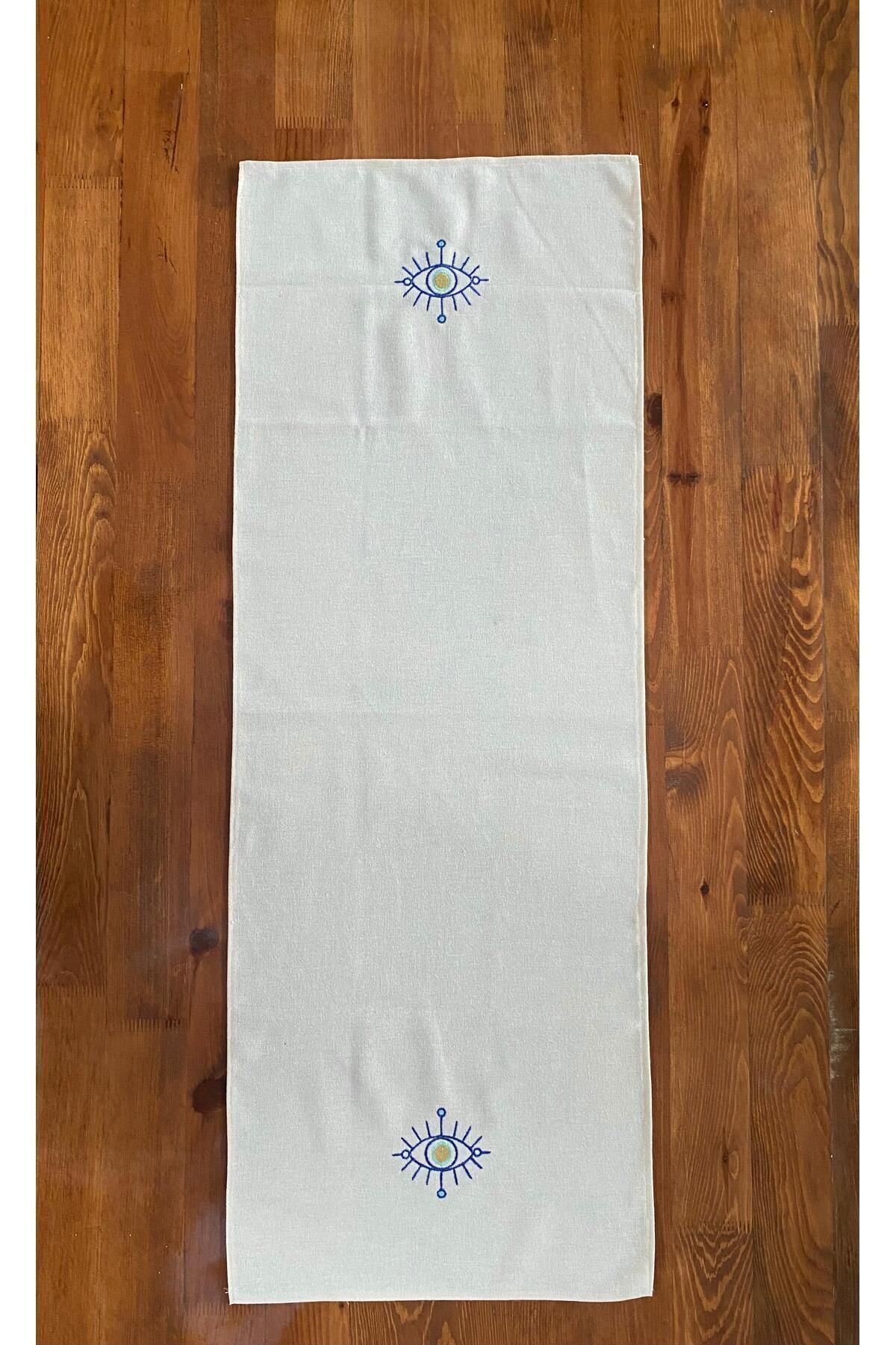 Soft Colours-Authentic Eye Evil Eye Embroidered Organic Raw Linen Runner 100% Cotton 40X140 cm 4