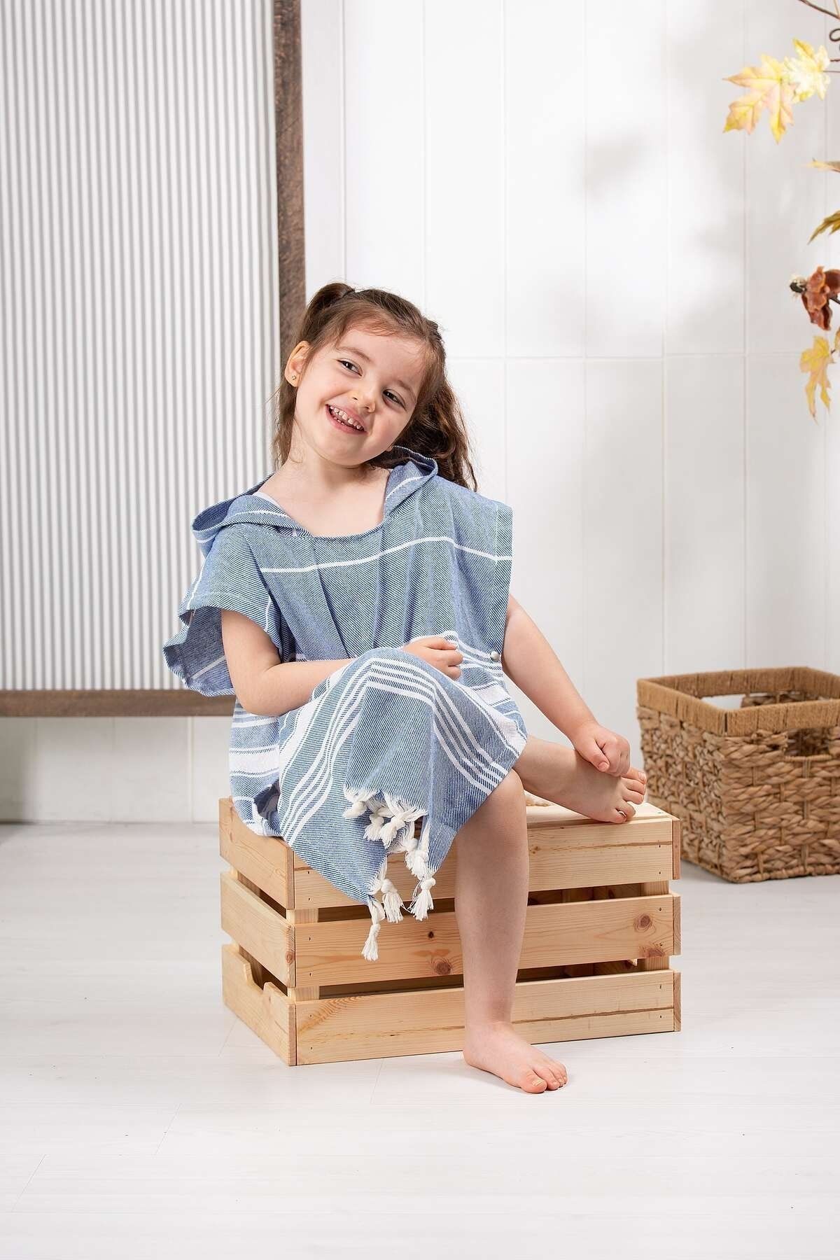 Formeya-Kinder-Bademantel, Poncho, 100 % Baumwolle, Strandtuch, Peshtemal, Marineblau 2